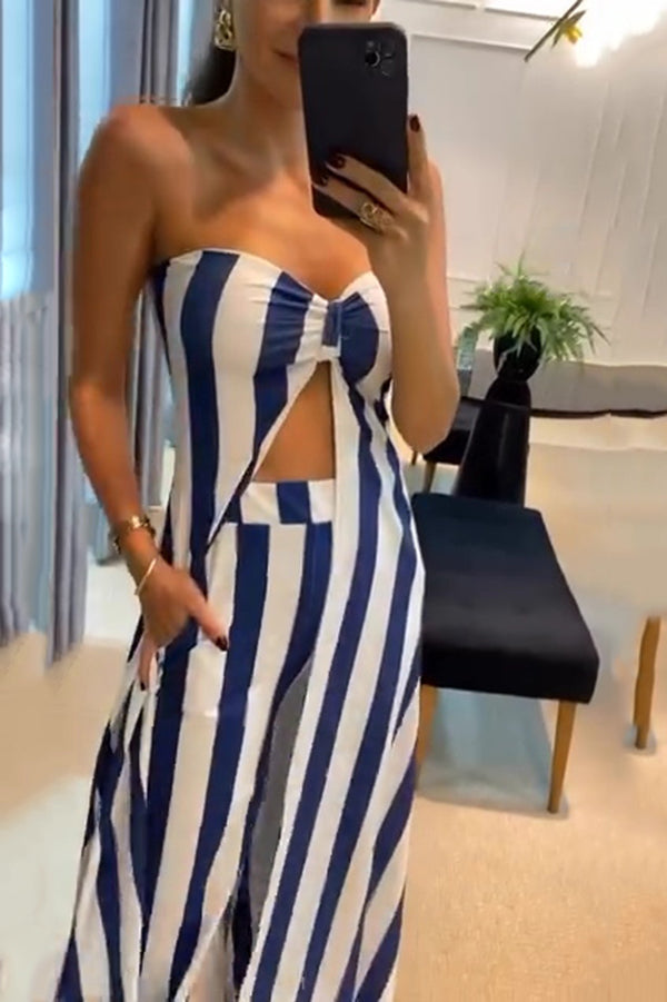 Women's Striped Off-Shoulder Long Sleeve Top & Loose Pocket Straight Pants Casual Outfit Set - Perfect for Daily Wear, Office, Dating and Weekend Outings