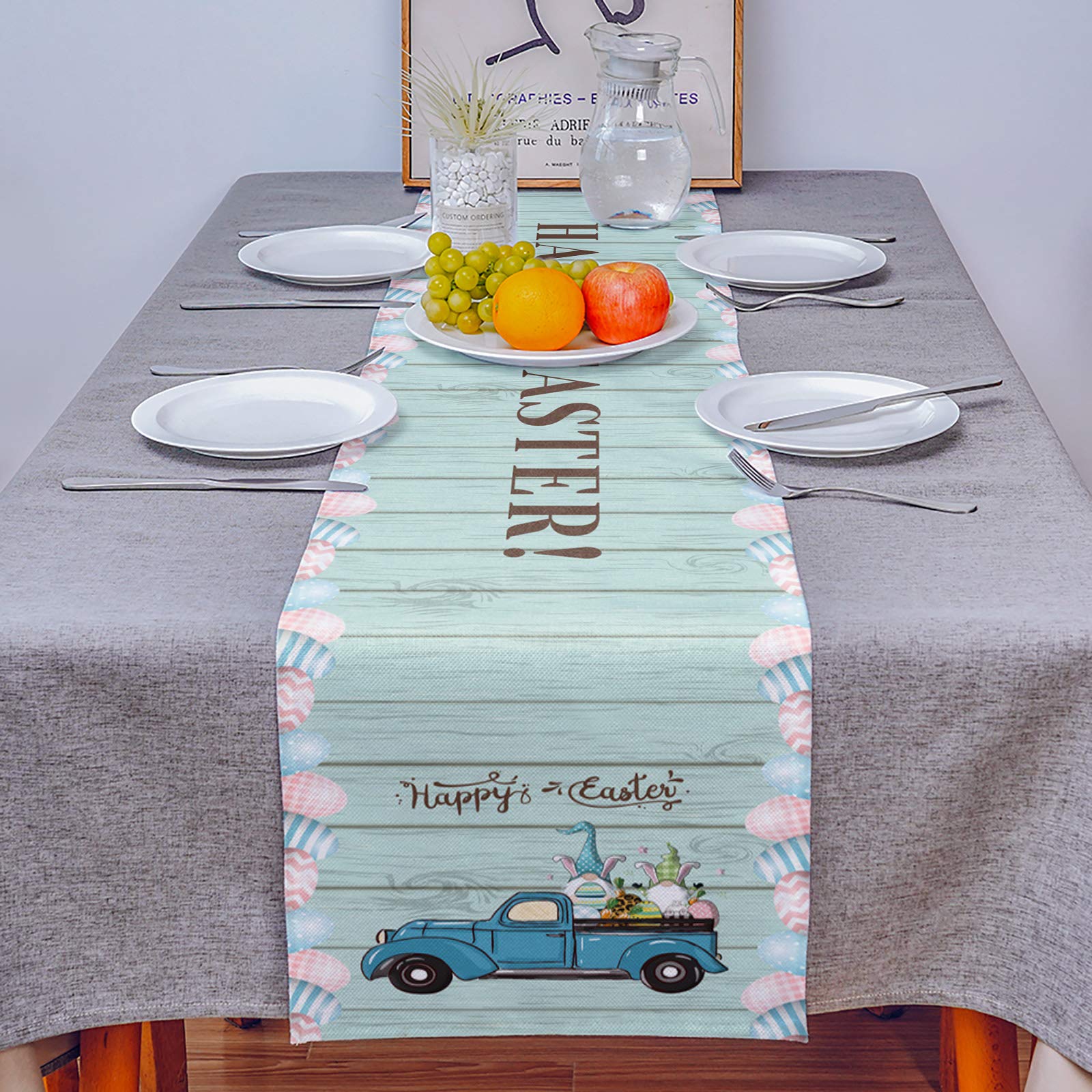 Easter Linen Burlap Table Runner 14x72 Inches - Farmhouse Kitchen Table Decor with Cute Gnome & Easter Eggs Design - Perfect for Dining Table, Dresser, Cabinet, Buffet & Holiday Party Decorations