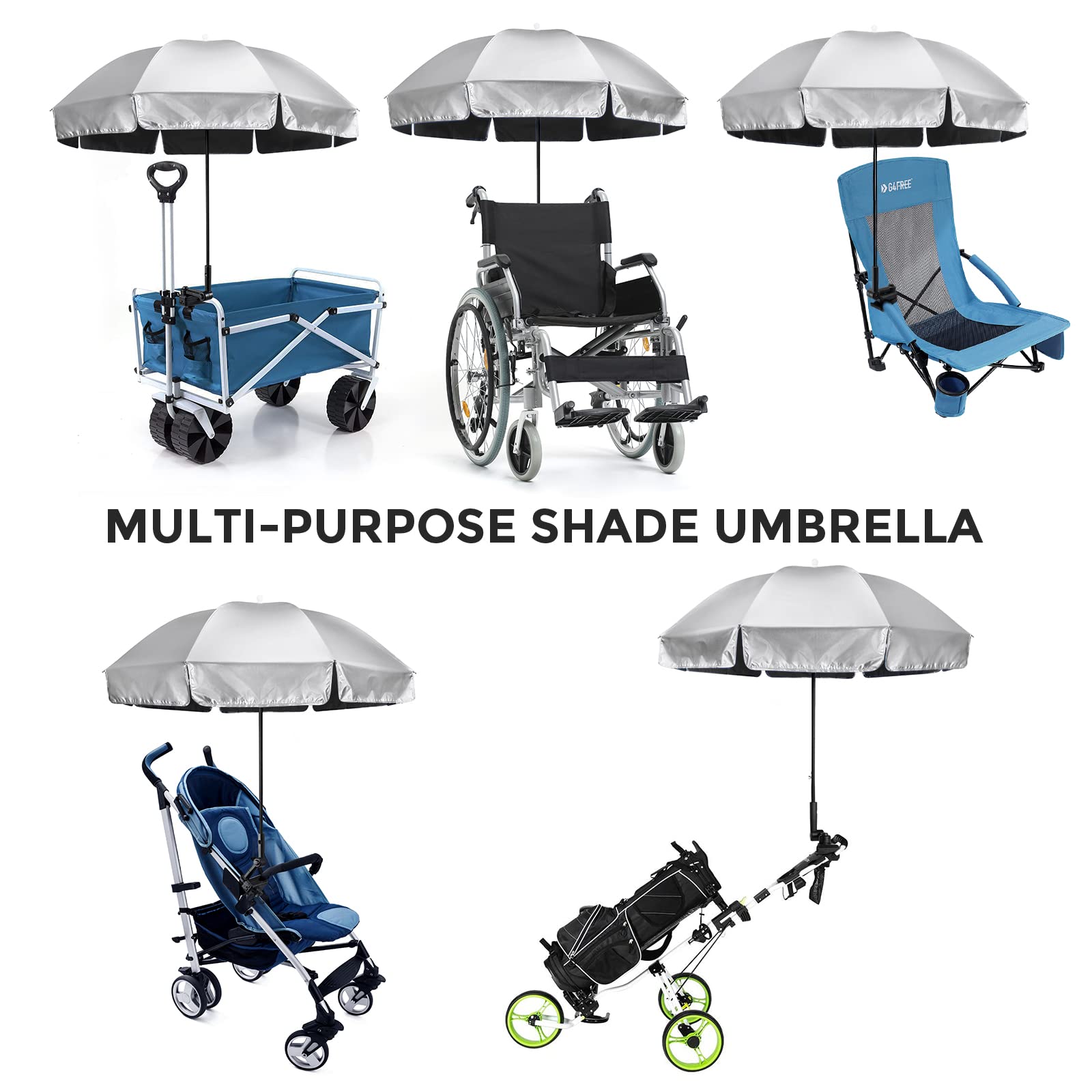 G4Free UPF 50+ Universal Adjustable Clamp-On Sun Umbrella for Outdoor UV Protection - Fits Strollers, Wheelchairs, Patio Chairs & Golf Carts - Perfect for Beach, Picnic, Camping & Golfing