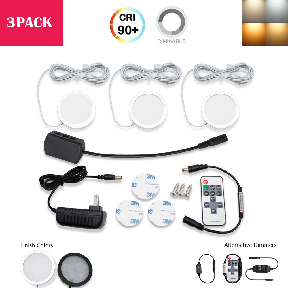 3-Pack Ultra Thin Dimmable LED Under Cabinet Puck Lights (3*2W, CRI 90) with Dimmer & Power Adapter - Perfect for Kitchen, Closet, and Display Lighting
