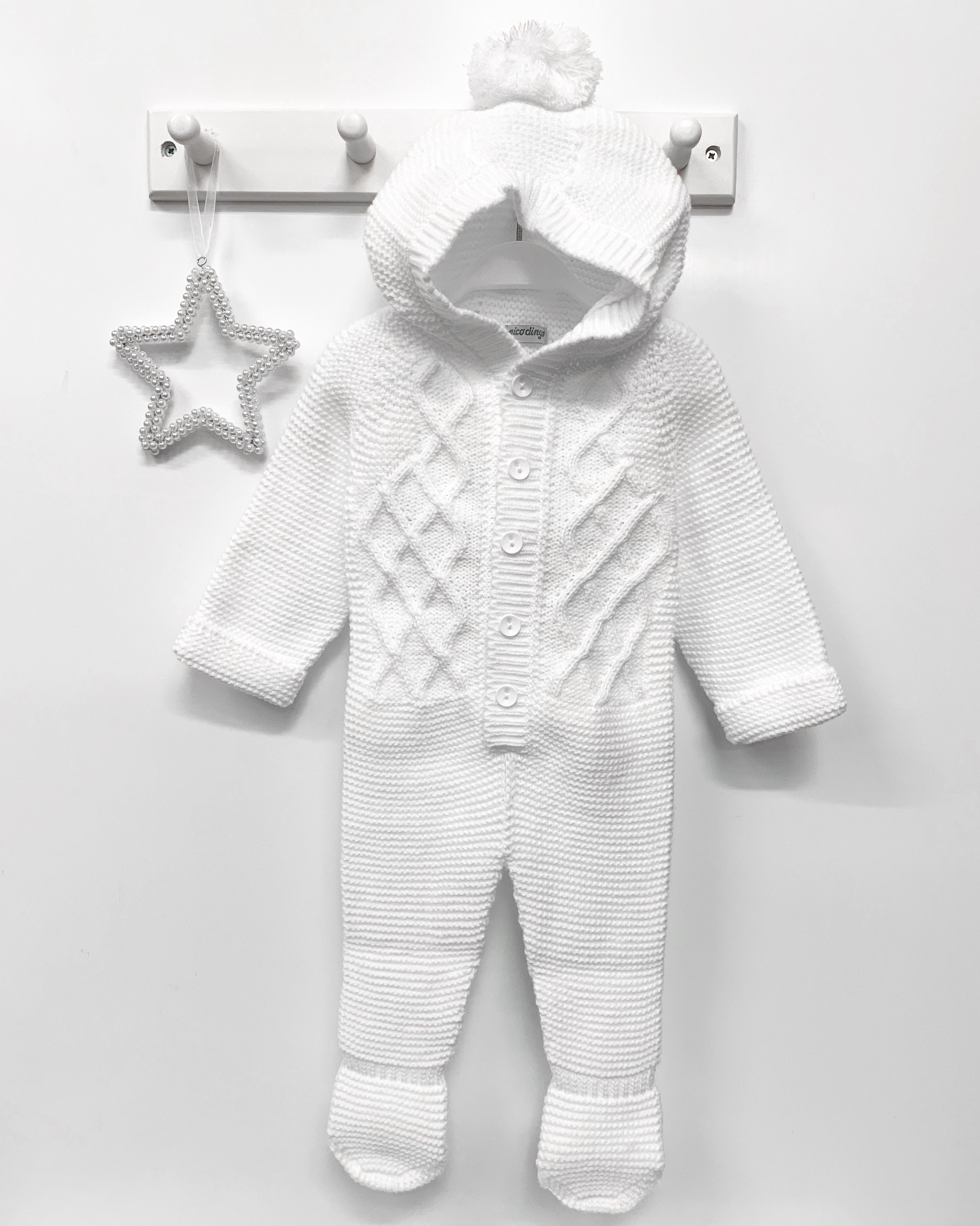 Baby White Knitted Pom Pom Pramsuit - Soft & Warm Winter Outfit for Newborns - Perfect for Stroller Walks, Photo Shoots & Outdoor Adventures