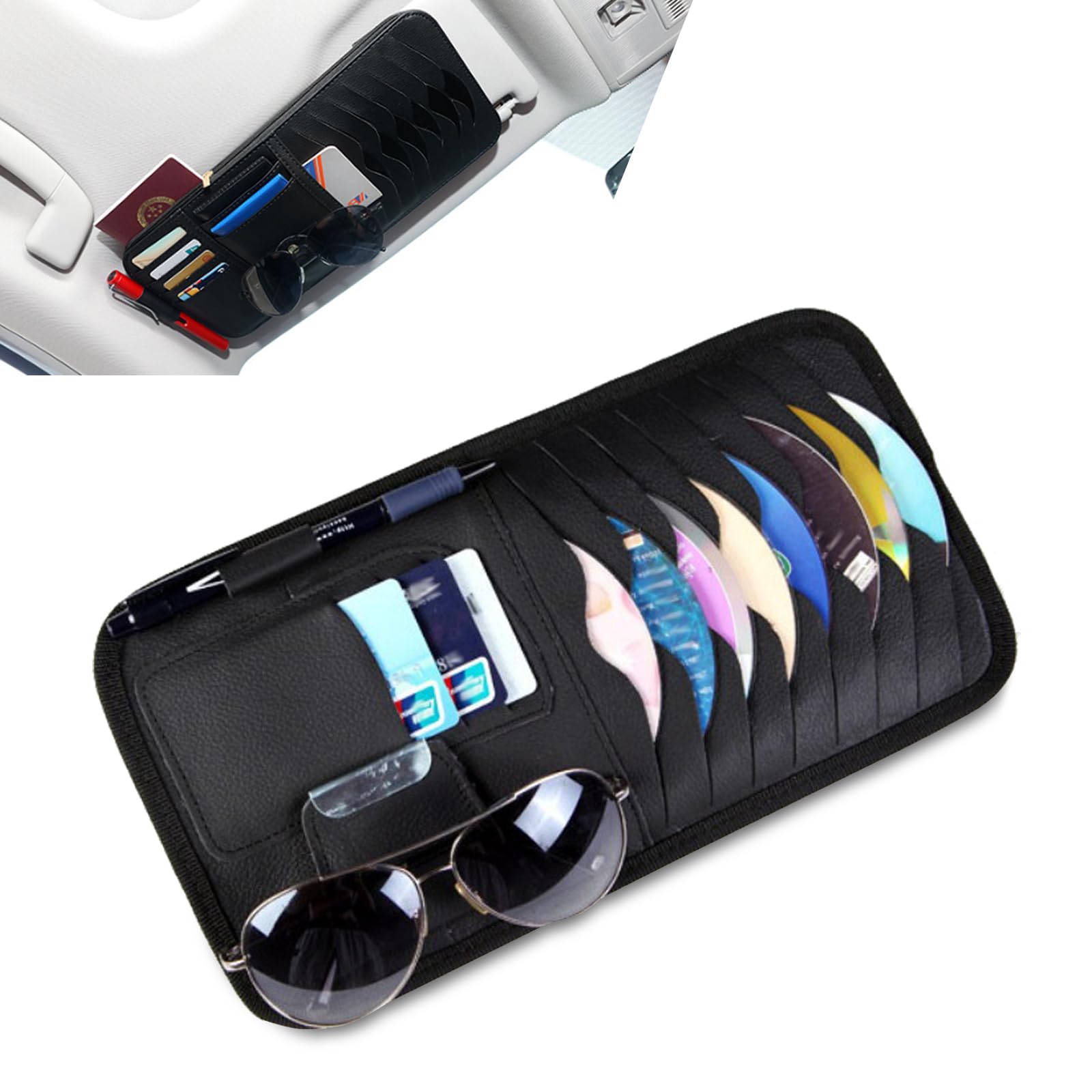 1 PC Genuine Leather CD Holder & Car Visor Organizer - Universal Multifunctional Storage Case for Vehicle Sun Visor, Cards & Small Items - Perfect for Road Trips & Daily Commute (Black)