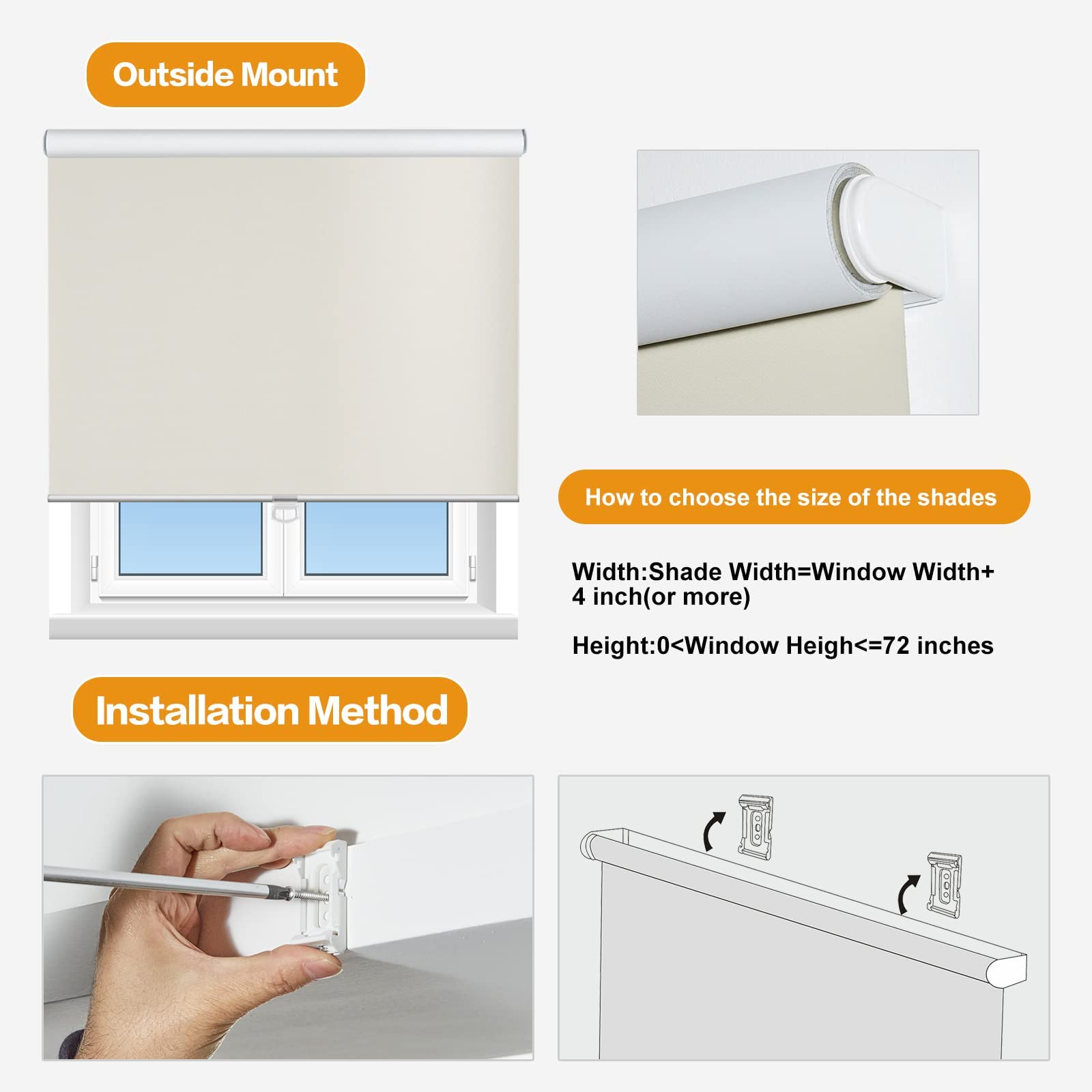 Persilux 100% Blackout Cordless Roller Shades for Windows - Thermal Insulated Window Blinds for Doors, Home & Living Room - Inside/Outside Mount (77.5