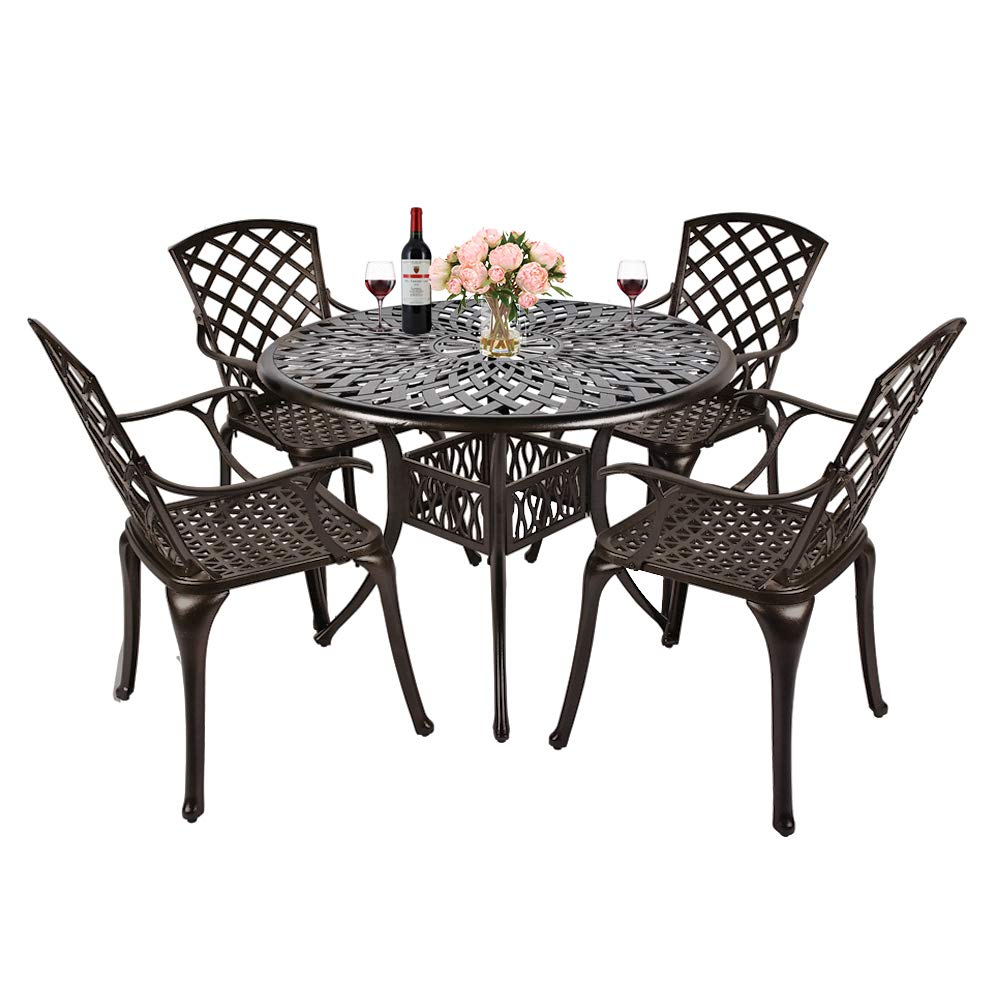 TITIMO 5-Piece Outdoor Patio Dining Set - All-Weather Cast Aluminum Furniture with 4 Chairs & 1 Round Table | Umbrella Hole, Lattice Weave Design | Perfect for Garden, Deck, Backyard & Poolside Dining