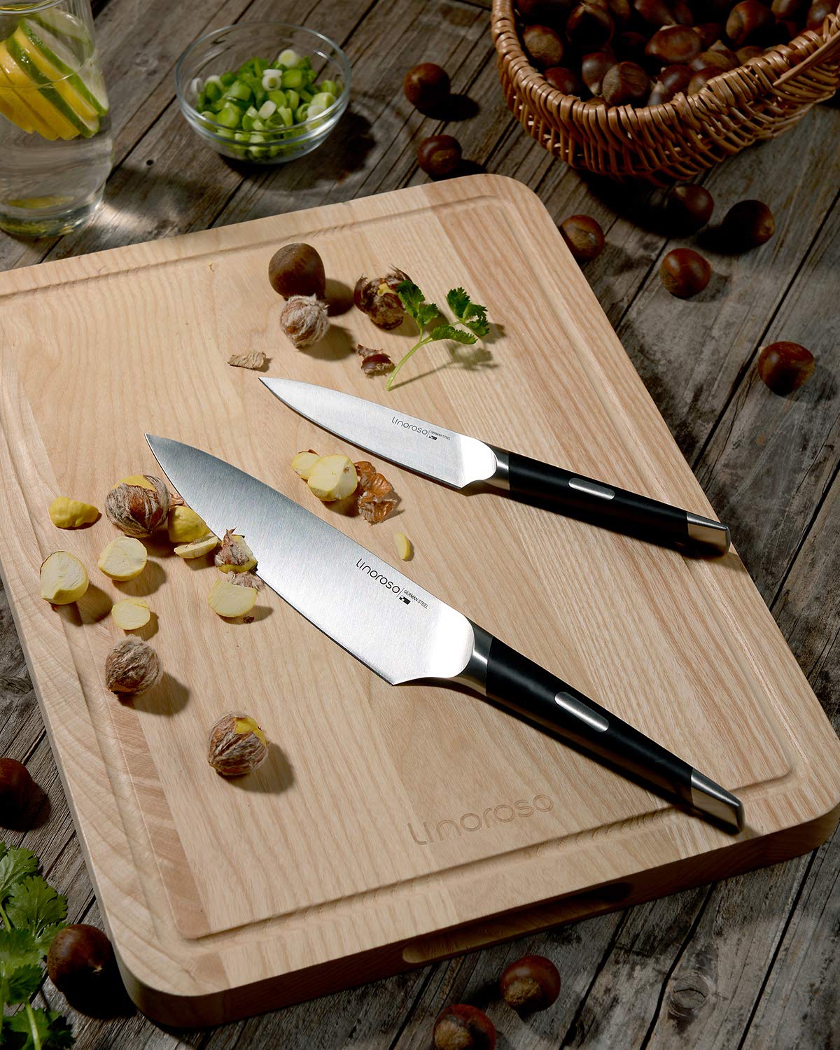 Linoroso 13-Piece German High Carbon Stainless Steel Knife Set with Beech Wood Block - Professional Chef Knives for Kitchen Cooking, Slicing, Dicing - Perfect for Home Chefs & Culinary Enthusiasts