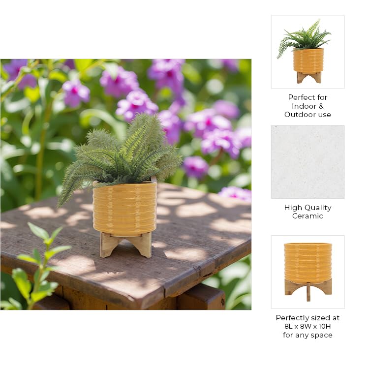 Sagebrook Home Modern Yellow Ceramic Planter with Wood Stand - 8