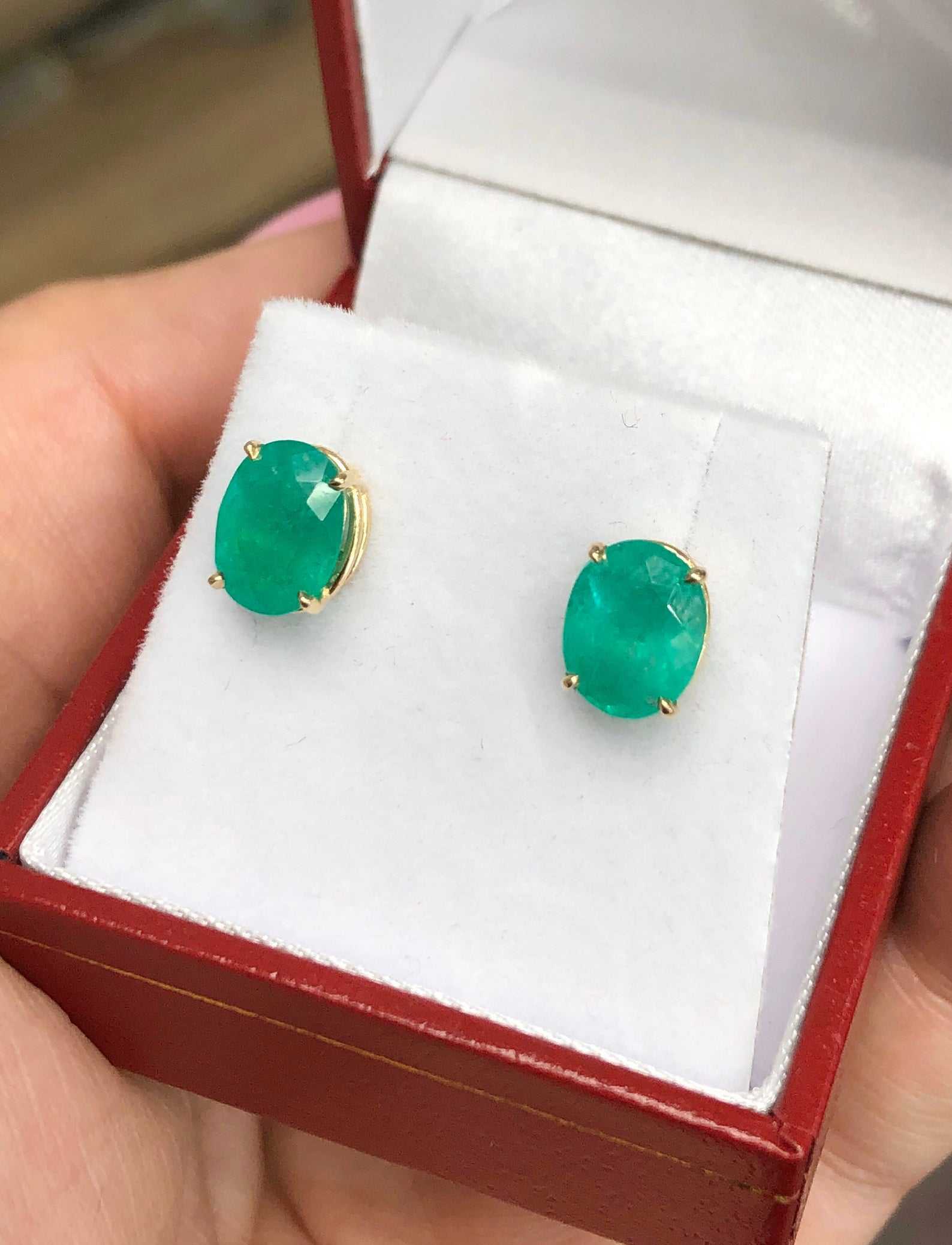 3.20tcw Medium Dark Deep Green Natural Emerald Oval Stud Earrings in 14K Gold - Elegant Statement Jewelry for Women, Perfect for Weddings, Parties & Special Occasions