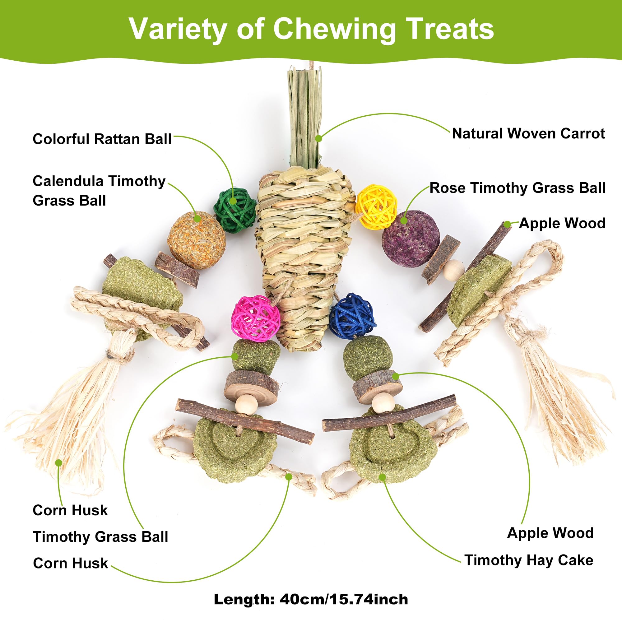 Natural Woven Carrot Chew Toys for Rabbits, Guinea Pigs, Hamsters & Small Pets - Hanging Cage Treat Dispenser with Snacks - Perfect for Teeth Grinding & Boredom Relief - Great for Cage Enrichment & Playtime