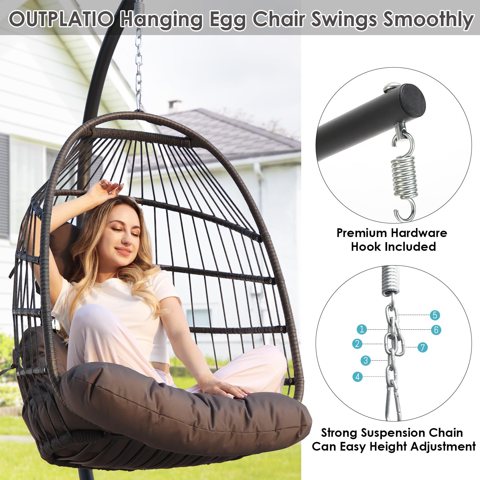 Outdoor Hanging Egg Chair with Stand - 350lbs Capacity PE Rattan Wicker Swing Chair with Water-Resistant Cushions, Foldable Basket Design for Patio, Garden, Bedroom & Indoor Use (Dark Grey) - Perfect for Relaxing, Reading & Lounging in Your Backyard or Living Space