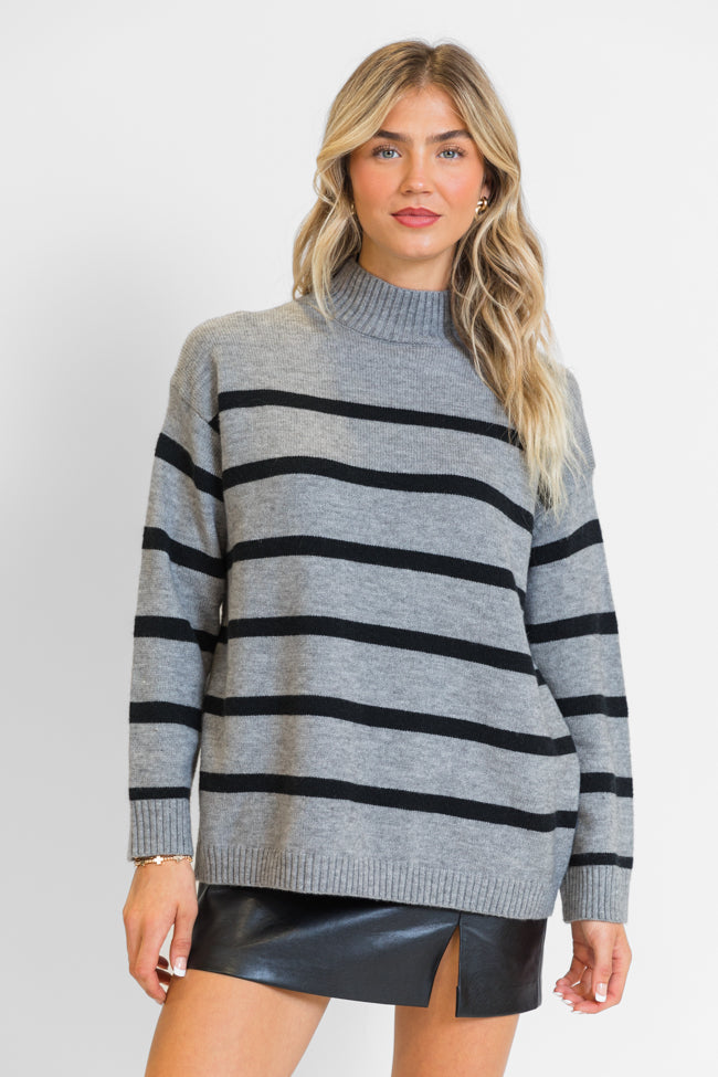 Where I'm Going Charcoal Oversized Stripe Turtleneck Sweater - Cozy Winter Pullover for Women | Perfect for Casual Outfits, Office Wear & Holiday Gatherings