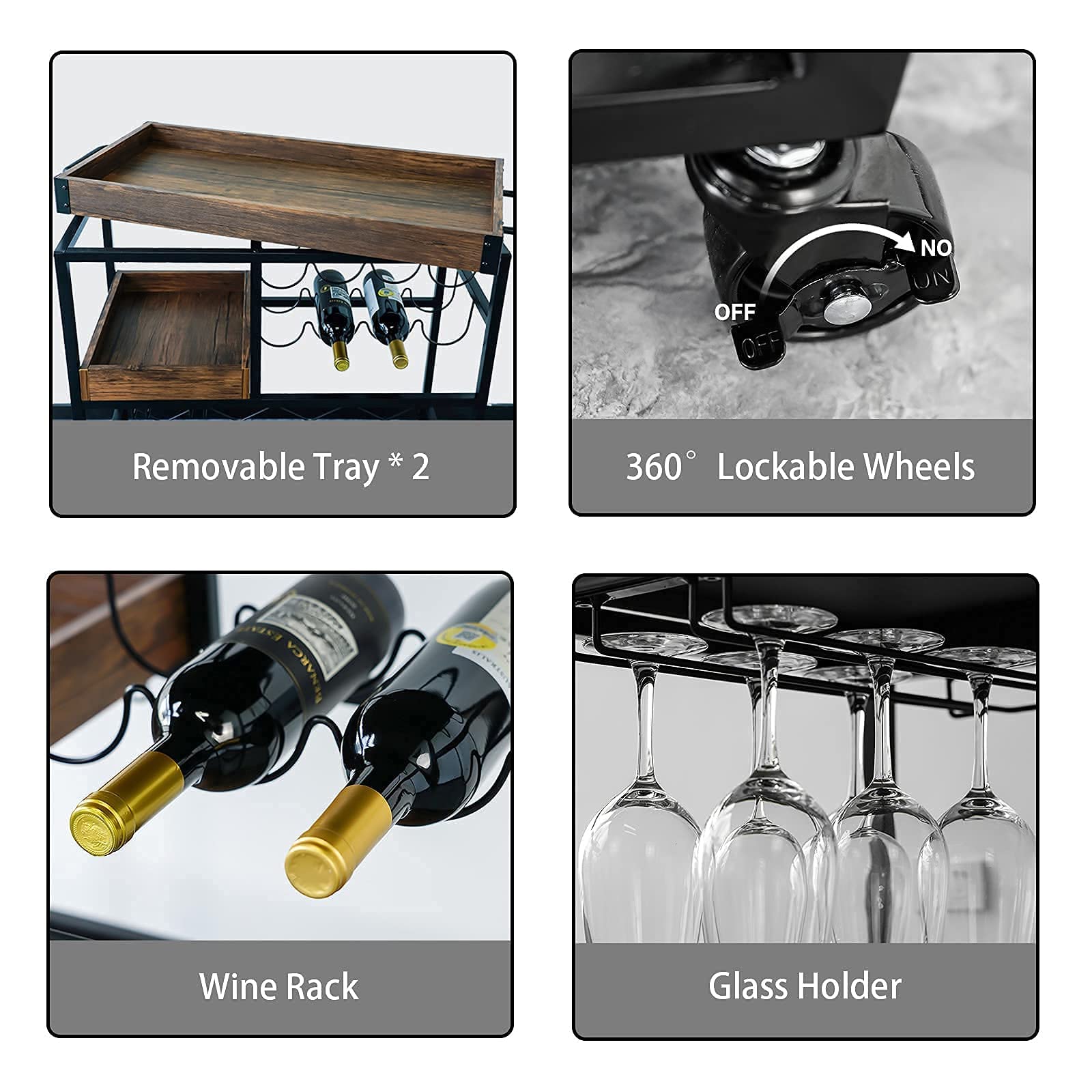 Industrial 3-Tier Bar Cart with Wine Rack & Glass Holder - Rustic Kitchen Serving Cart with Locking Casters, Portable Trays for Home, Party & Restaurant Use