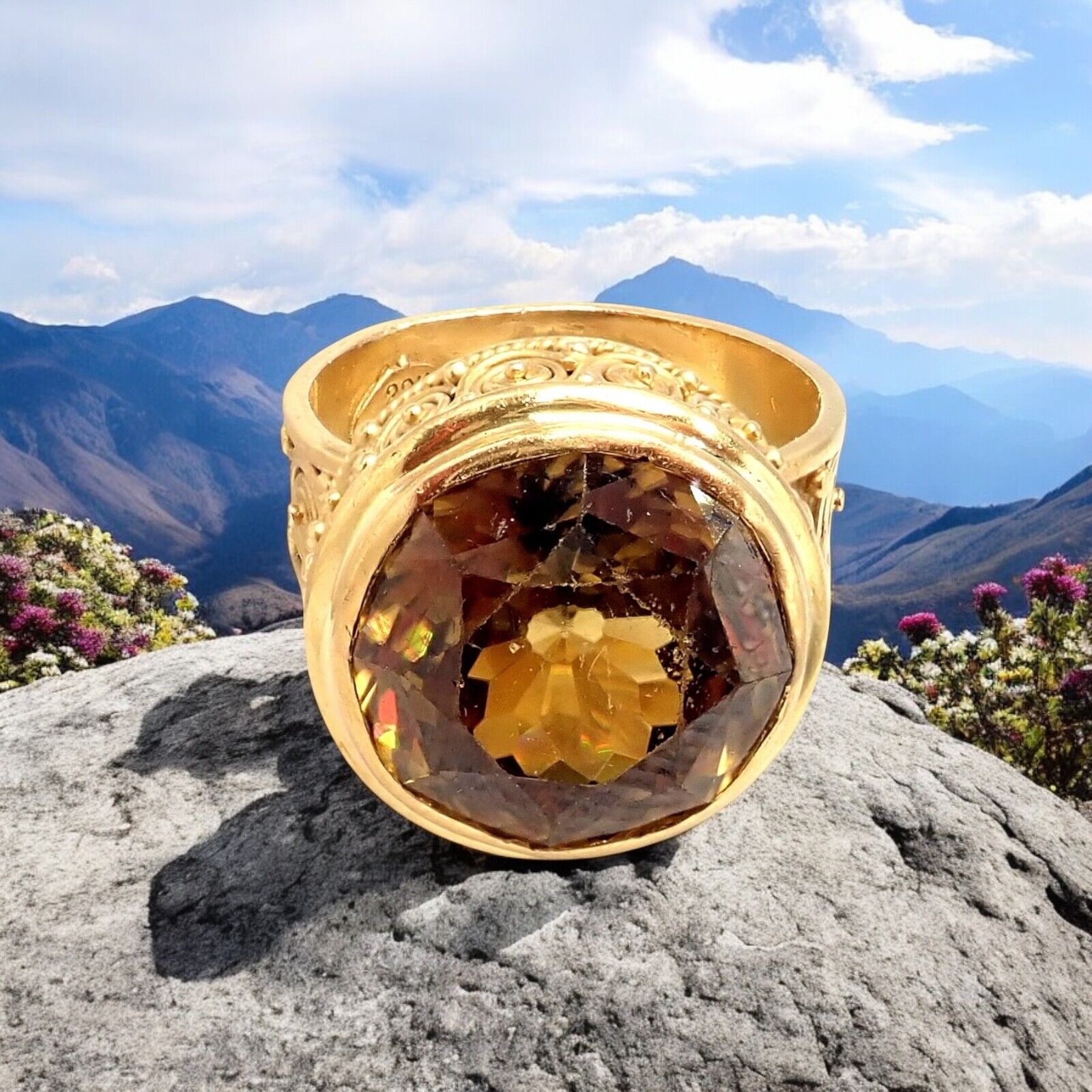 Vintage Carolyn Tyler 22k Yellow Gold Seven Seas Large Citrine Ring - Elegant Statement Jewelry for Women, Perfect for Weddings, Parties & Special Occasions