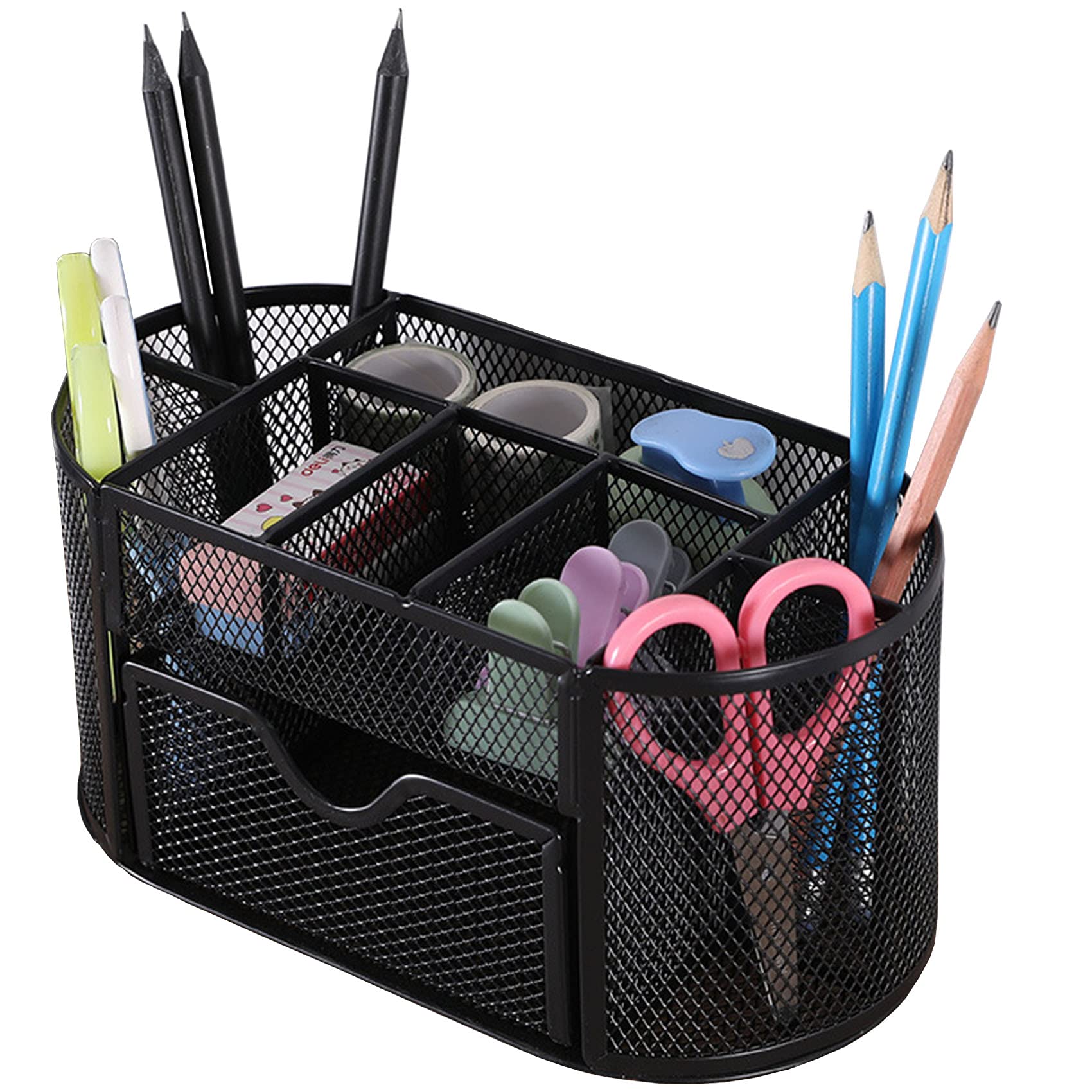 Metal Mesh Desk Organizer with Drawer - Office Supplies for Pens, Pencils & Stationery - Perfect for Home, School & Classroom Organization (Blue) - Keep Your Workspace Tidy & Efficient
