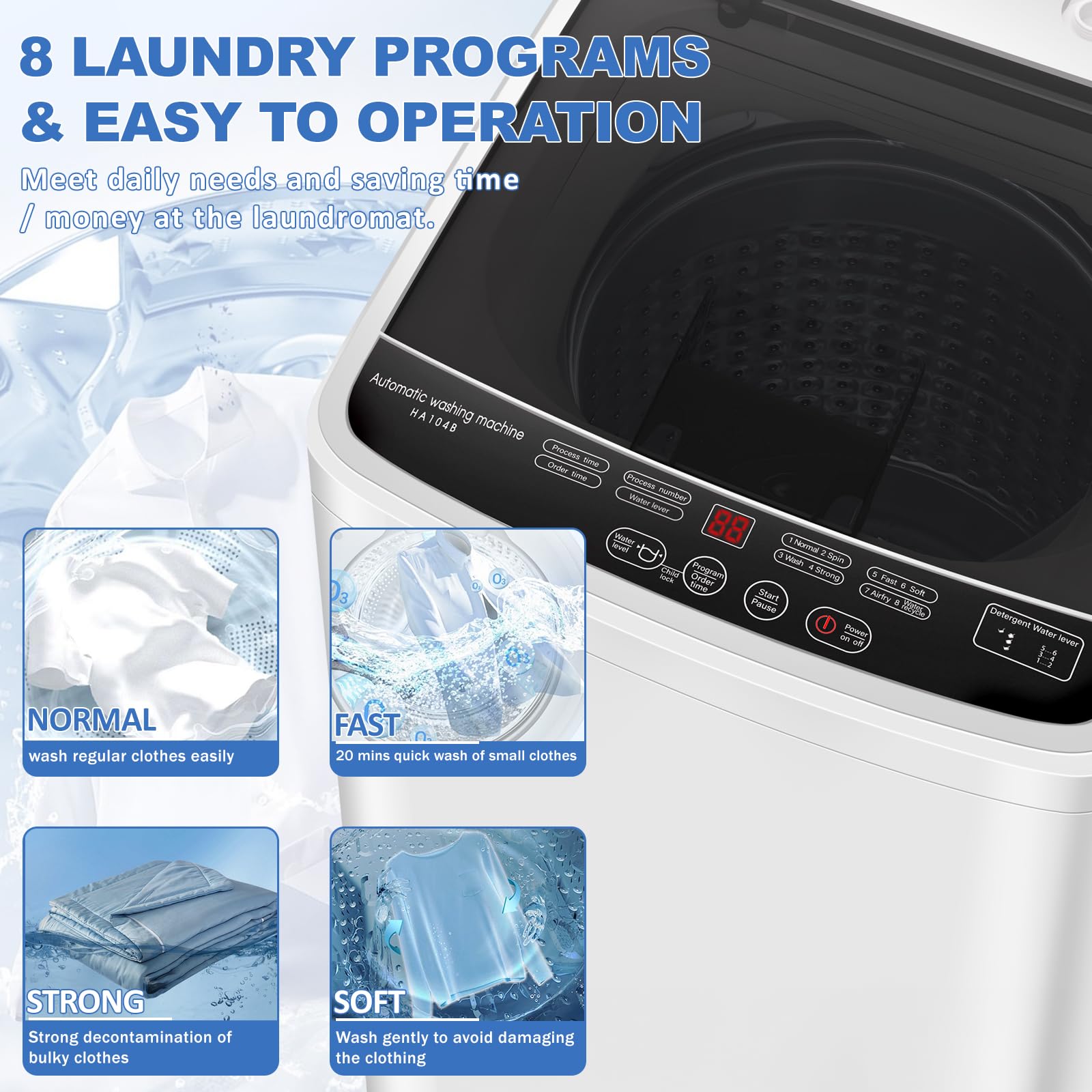 Portable Full Automatic Washing Machine 1.3 Cu Ft - Compact Washer and Spin Dryer Combo with 8 Wash Cycles - Large Capacity Laundry for Apartments, RVs, Dorms - Perfect for Small Spaces & Travel Use