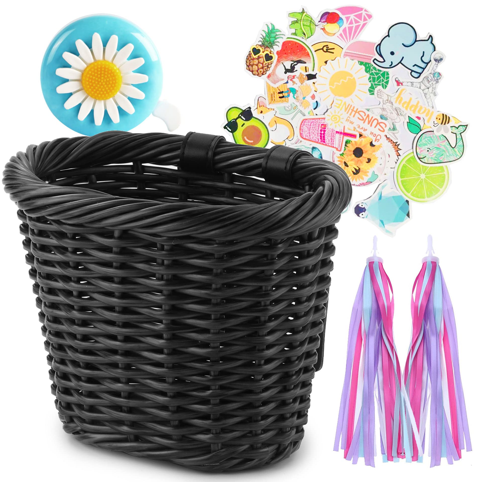 **Girls' Front Bike Basket - Small Woven Wicker Cruiser Bicycle Basket with Handlebar Streamers & Bell - Perfect for Kids Ages 3-13 - Ideal for Cycling, Picnics & Outdoor Adventures**