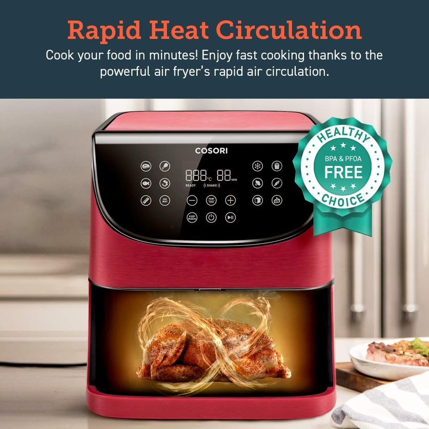 COSORI 5.8QT XL Air Fryer - Oil-Free Electric Air Fryer Oven with 11 Presets, Digital Touchscreen & Nonstick Basket | Preheat & Shake Reminder | Includes 100 Recipes (Red) - Perfect for Healthy Cooking, Quick Meals & Family Dinners