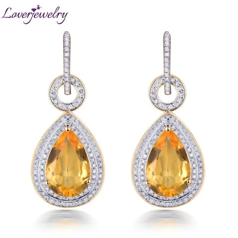 14Kt Yellow Gold Natural Pear Citrine Drop Earrings for Women - 10x14mm Yellow Citrine with Diamonds, Fine Jewelry, OL Style - Perfect for Parties, Weddings & Everyday Elegance