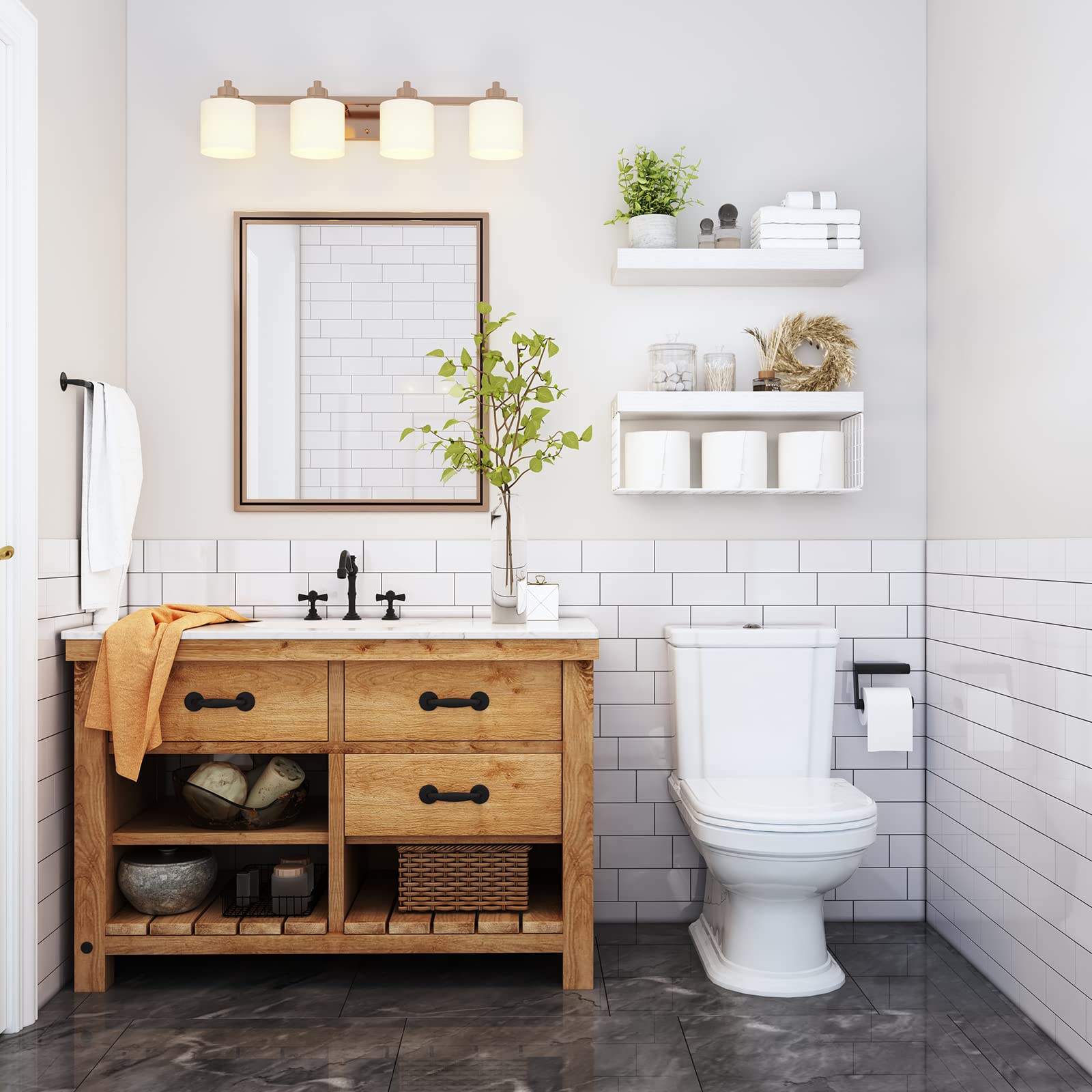 White Floating Bathroom Shelves Over Toilet - 16 Inch Wall Mounted Farmhouse Shelves Set of 2 with Toilet Paper Storage - Perfect for Small Bathrooms, Powder Rooms & Farmhouse Style Decor