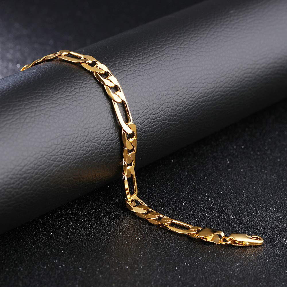 18K Gold Plated Men's Figaro Link Chain Bracelet - Durable & Stylish Jewelry for Men - Adjustable Sizing - Perfect for Gifts, Weddings, Business & Casual Wear
