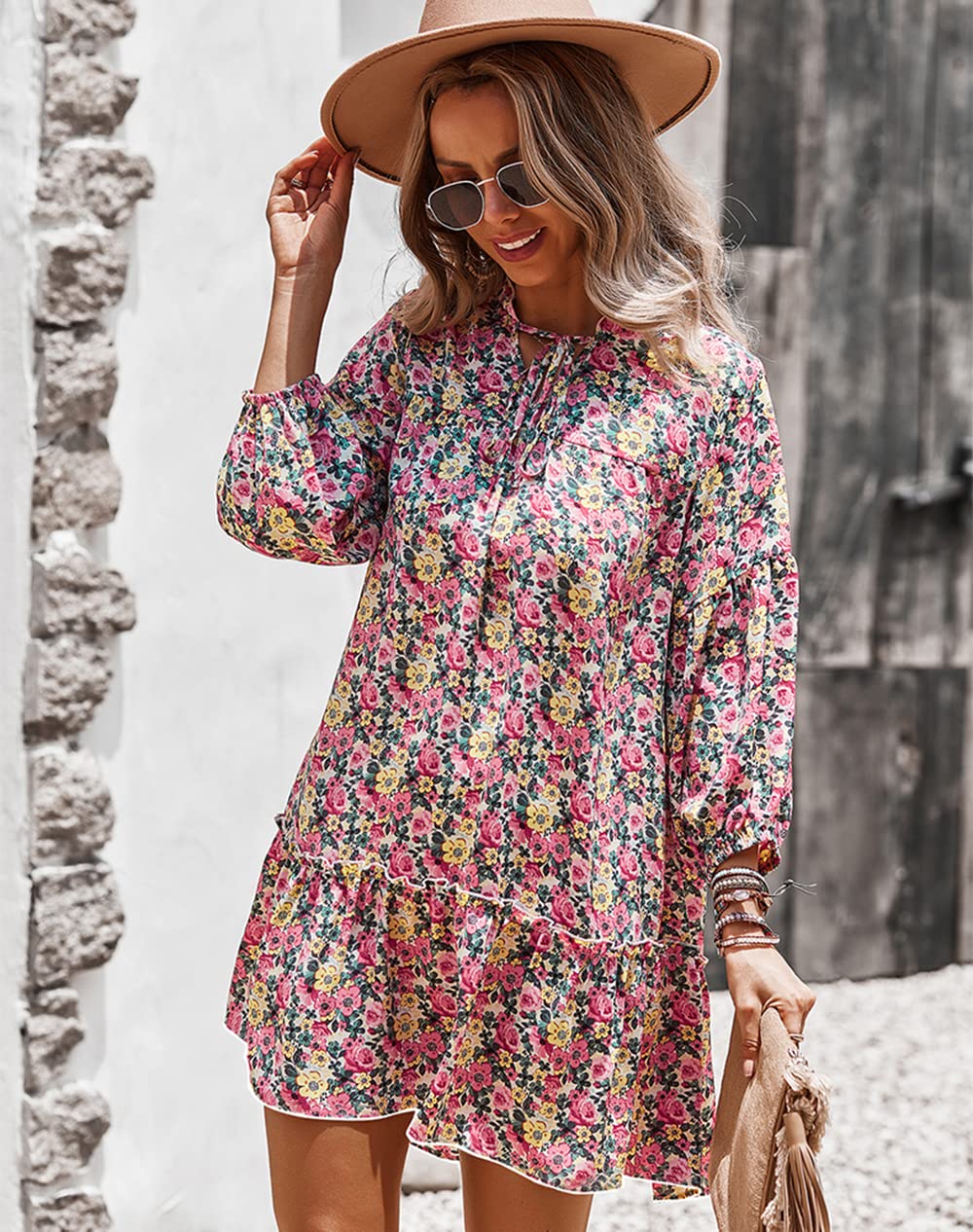Women's Long Sleeve Boho Floral Dress - V Neck Casual Flowy Maxi Dress for Beach, Vacation & Everyday Wear | Plus Size Options Available