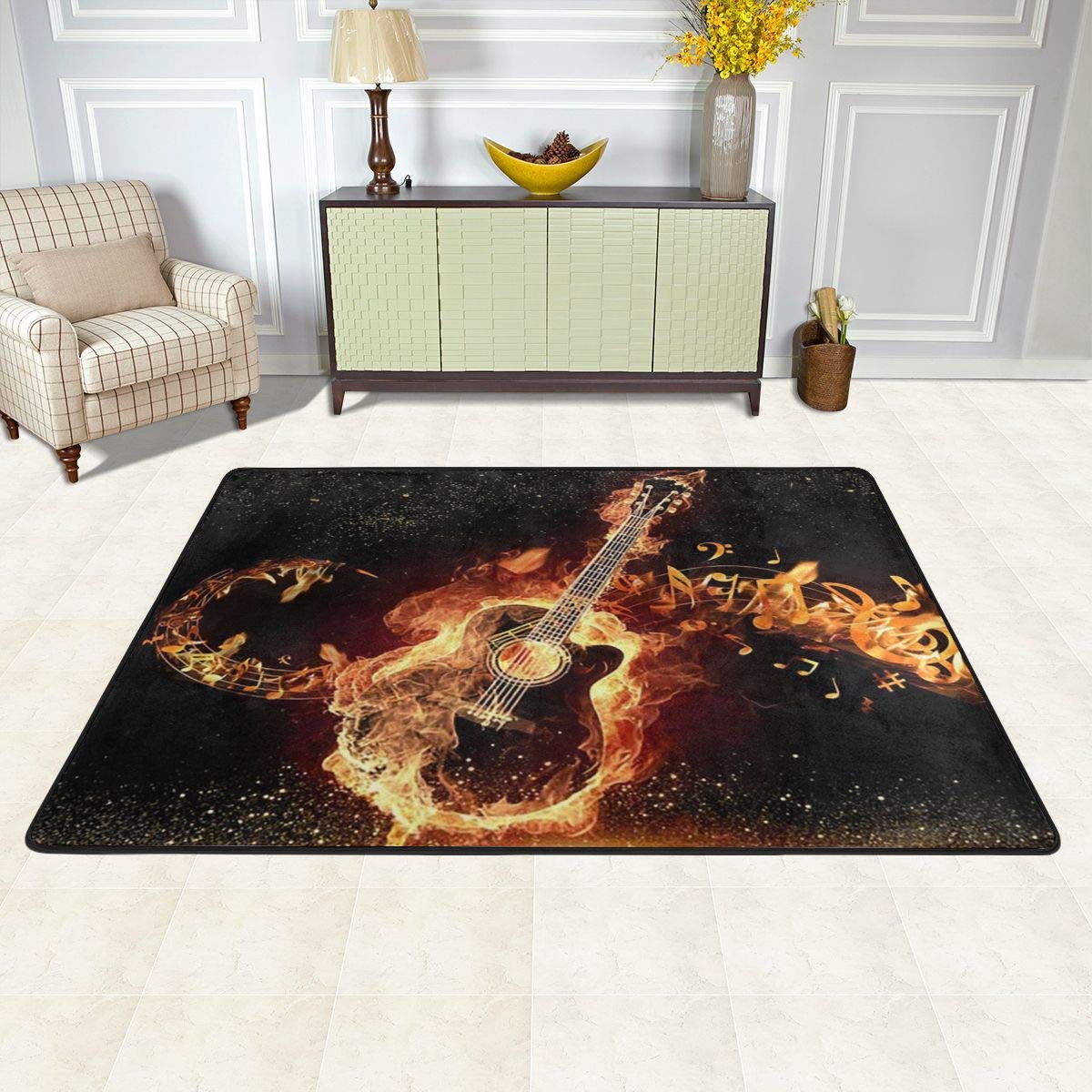 Golden Guitar Print Non-Slip Area Rug - 6'x4' Soft Comfort Floor Mat for Living Room, Bedroom & Study - Perfect for Home Decor, Music Lovers & High Traffic Areas