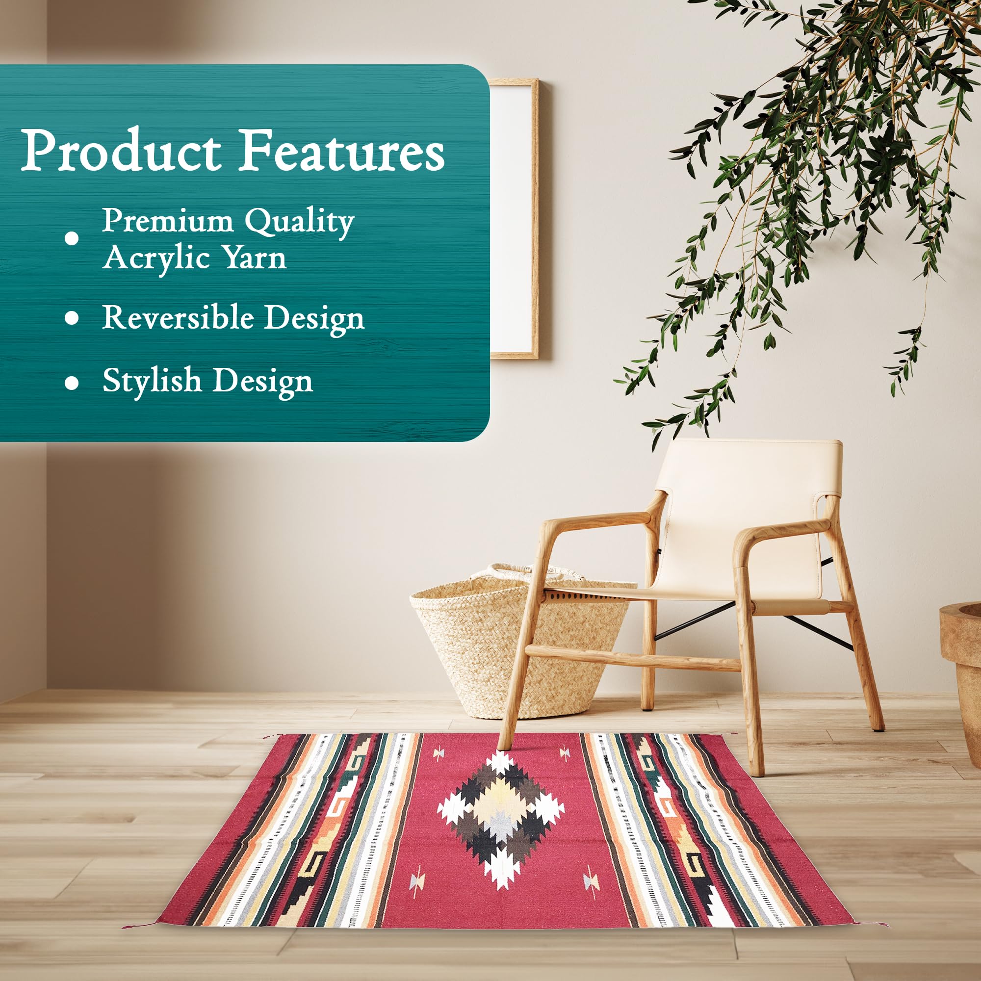 Southwest Boho Washable Area Rug - Indoor/Outdoor Farmhouse Decor Rug - Western Style for Living Room, Dining, Bedroom - Dark Red/Multi Diamond Pattern (32