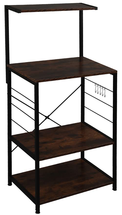 4-Tier Metal Standing Baker's Rack with Hooks - Rustic Brown Kitchen Microwave Oven Stand, Multipurpose Storage Shelf for Living Room & Kitchen - Perfect for Small Spaces, Pantry Organization & Baking Needs