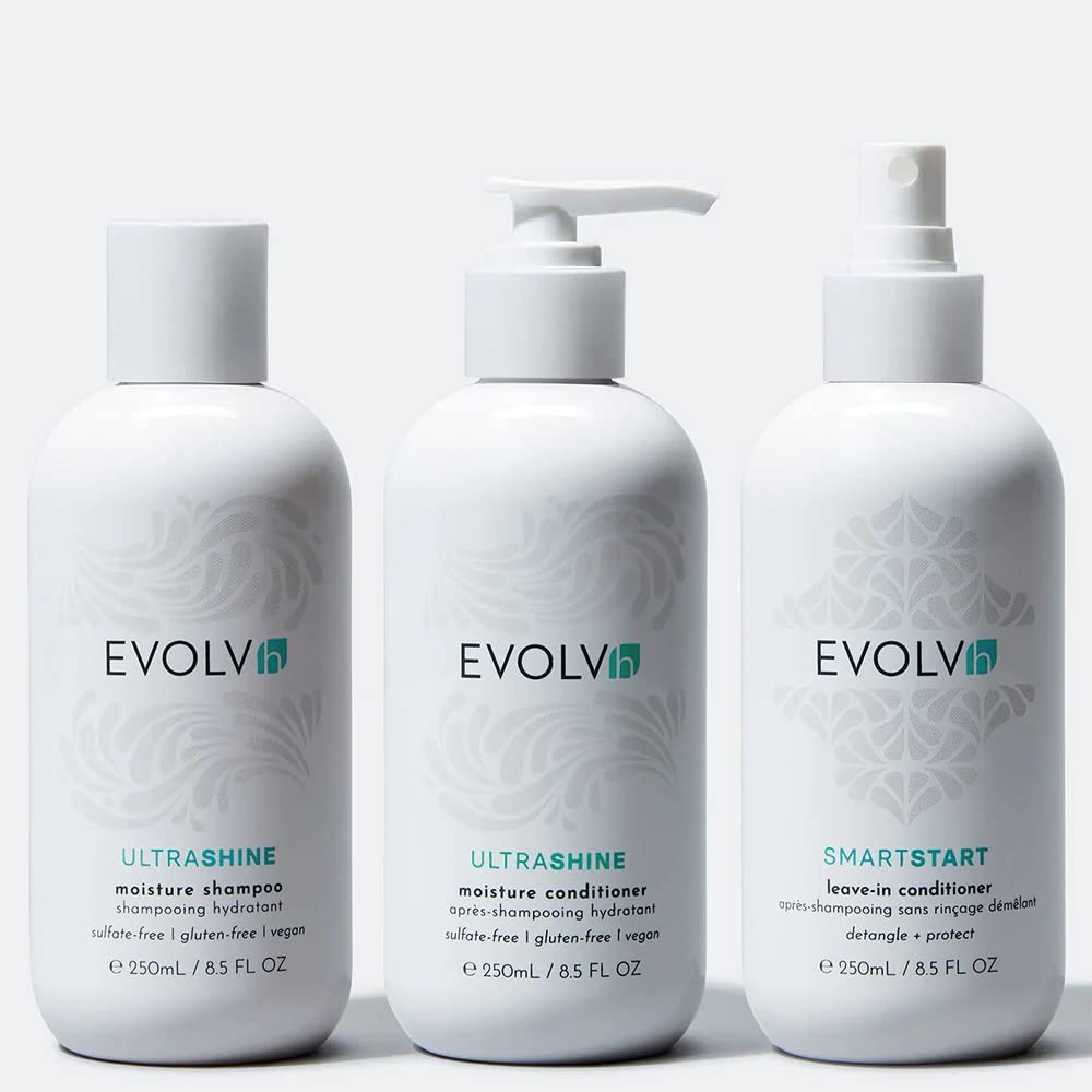 EVOLVh - Natural Healthy Hair Trio Set | UltraShine Moisture Shampoo, Daily Conditioner & Leave-In Conditioner (8.5 fl oz/250 mL) | Vegan, Non-Toxic, Clean Hair Care for Dry, Damaged Hair | Perfect for Daily Use, Travel & Salon-Quality Results at Home | Packaging May Vary