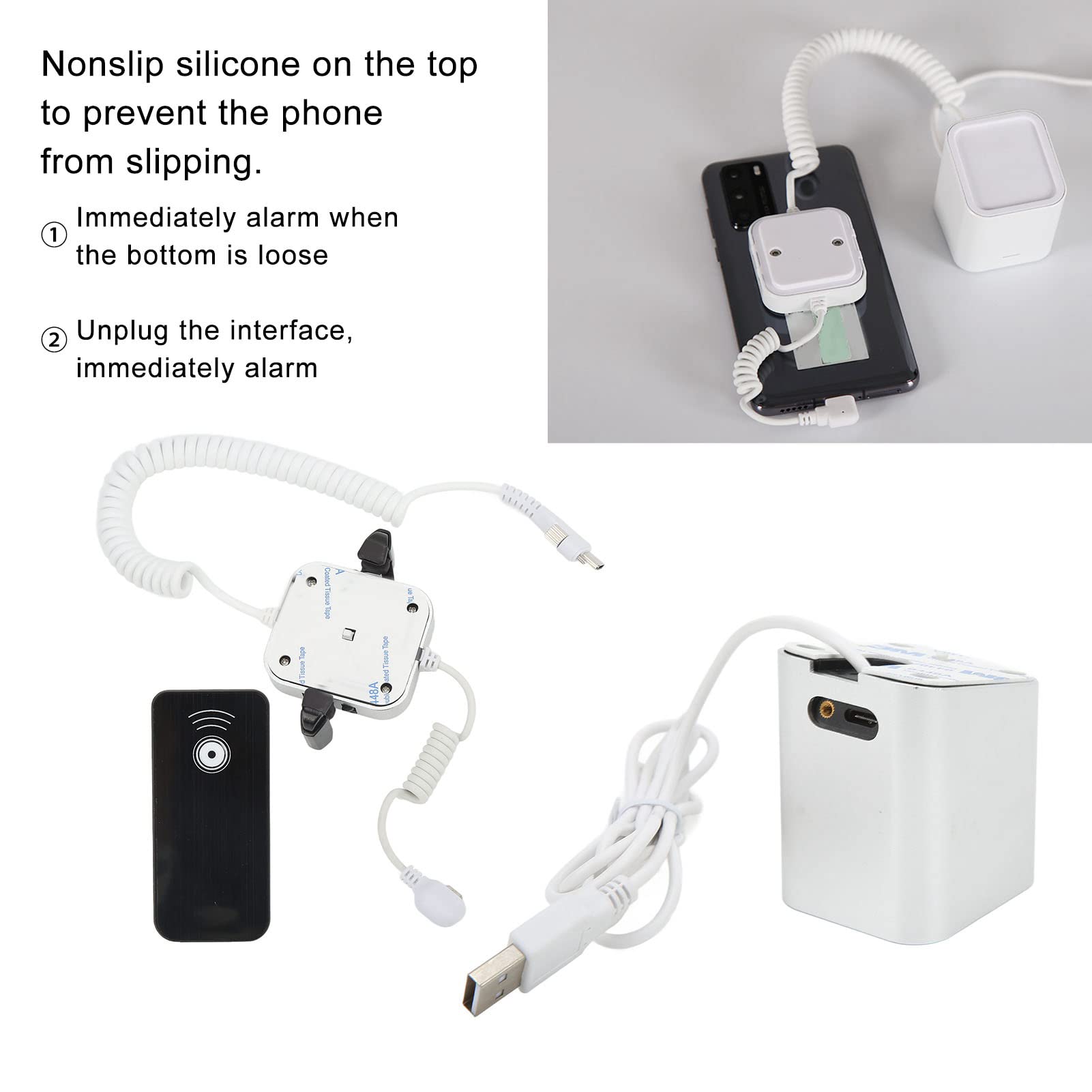 Anti-Theft Display Stand with 95-120dB Security Alarm - Fast Charging & Infrared Remote Control Unlock for Android Phones - Perfect for Retail Stores, Exhibitions, and Trade Shows