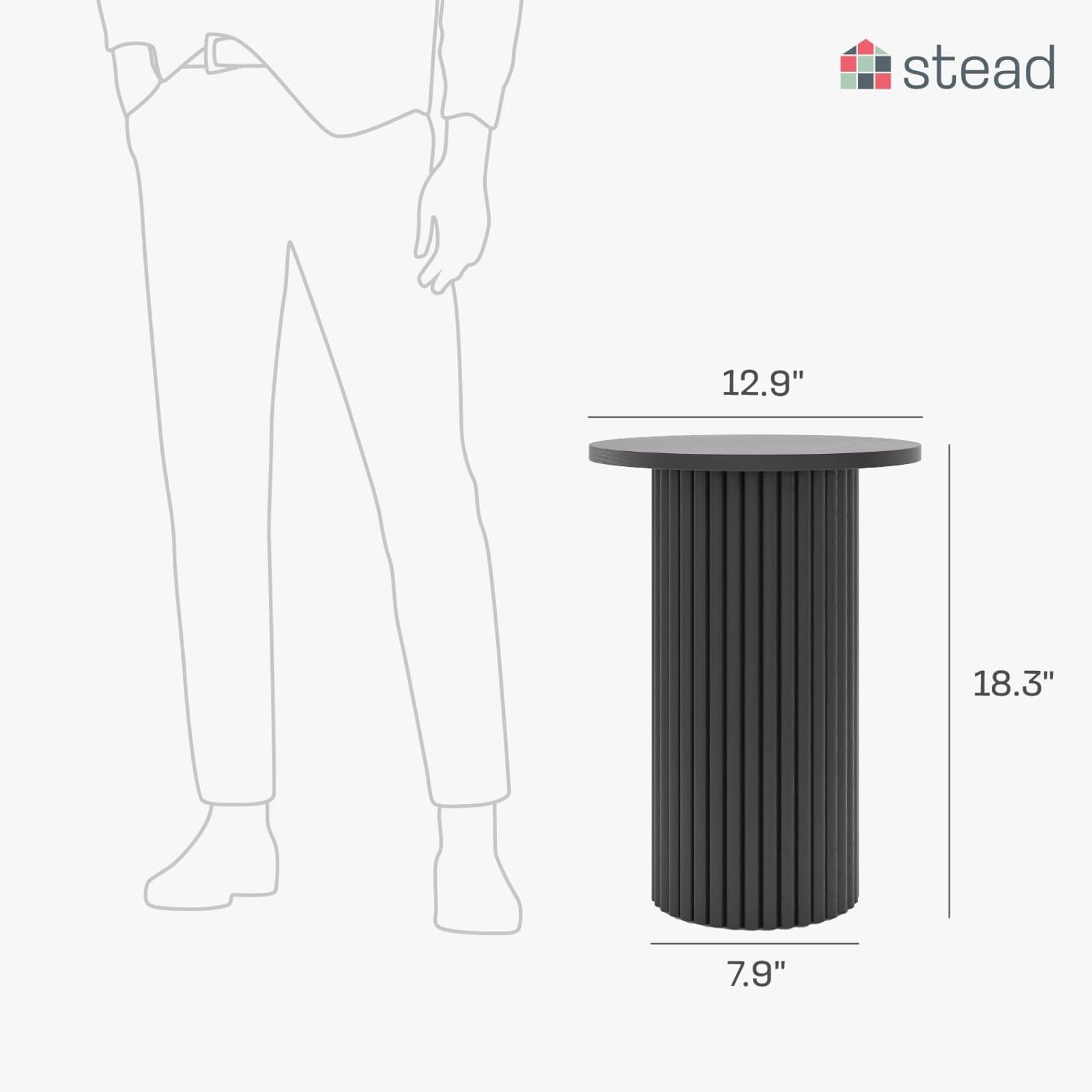 Small Round Fluted Accent Side Table - Black Wooden End Table with Solid Oak Base for Modern Bedroom & Living Room - Nightstand, Sofa Side Table, Coffee Table Companion (Blackened Oak Finish)