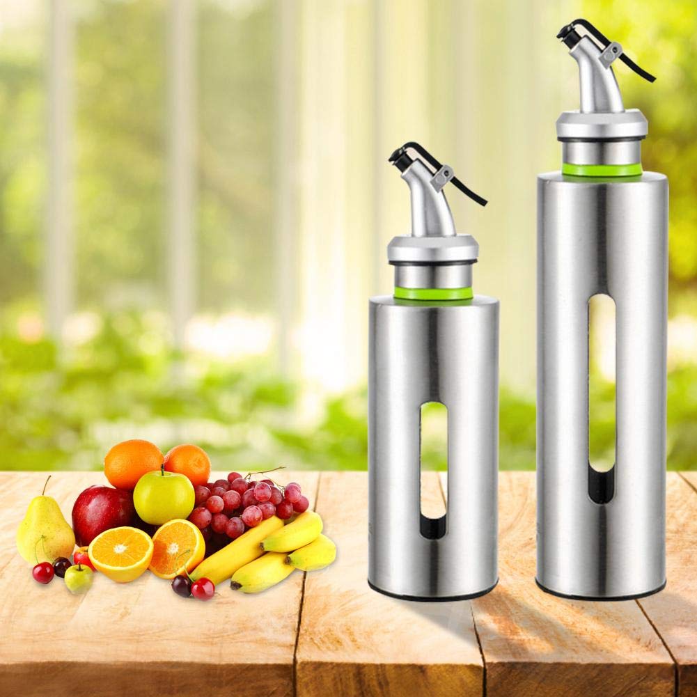 Premium Stainless Steel Oil and Vinegar Dispenser Set - 150ML Leak-Proof Glass Cruet Bottles with Plug & Funnel - Ideal for Kitchen, Dining, and Salad Dressing