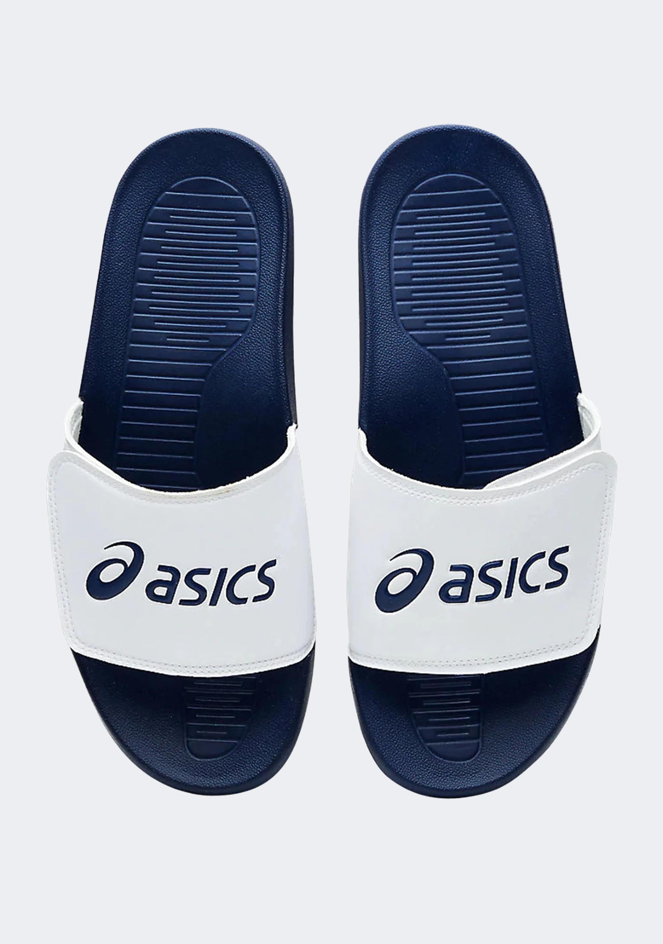 ASICS Unisex Adjustable Slides AS002 - Comfortable White & Blue Sport Sandals for Men & Women | Perfect for Pool, Beach, Gym & Casual Wear