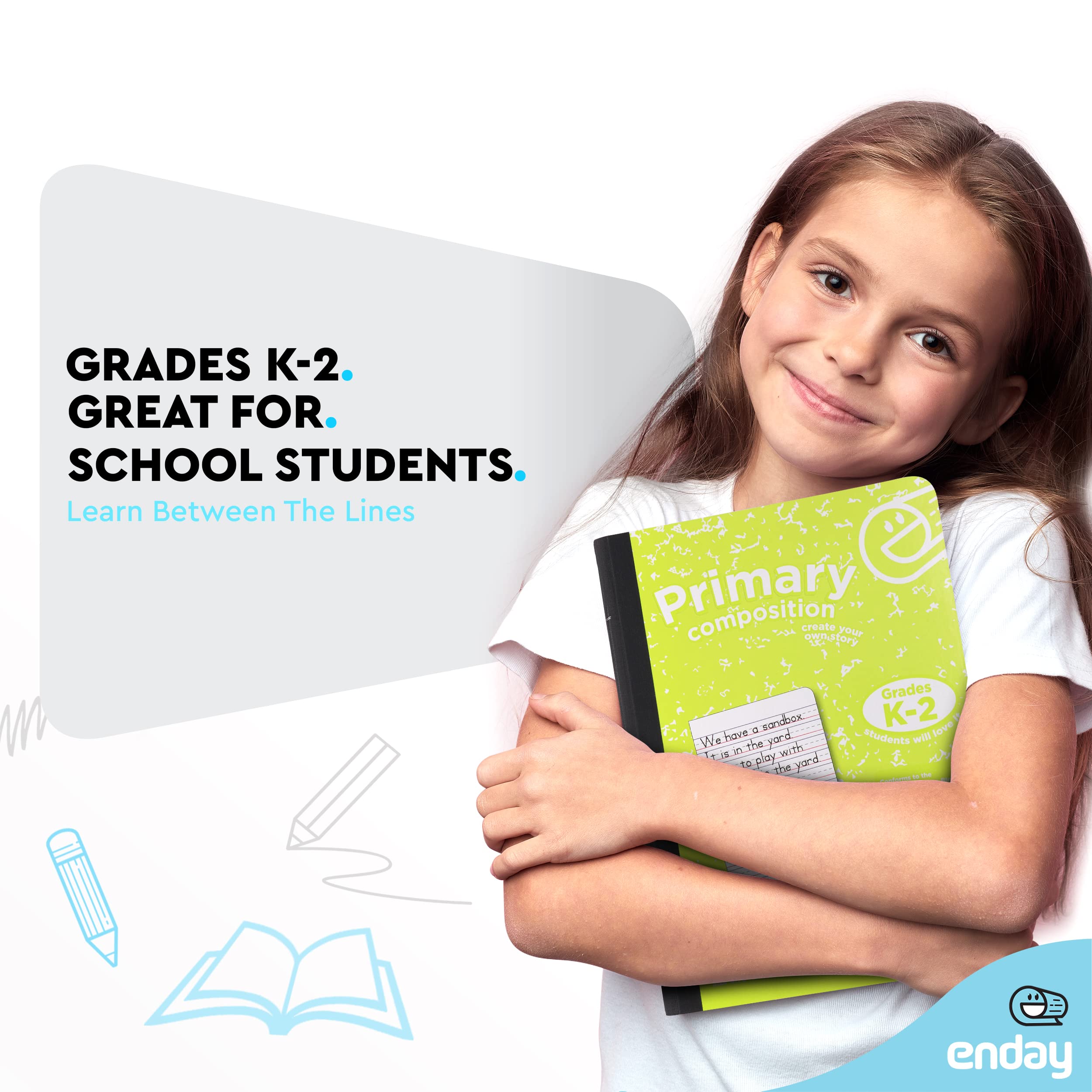 Enday Primary Composition Notebook K-2 - 6 Pack of Primary Ruled Writing Books for Kindergarten & Elementary Students (100 Sheets Each) - Pink, Purple, Green, Blue, Red, Grey - Perfect for Classroom, Homeschooling & Creative Writing Practice