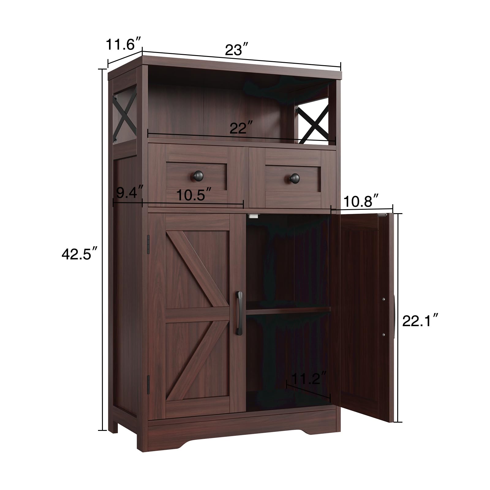 Dark Brown Storage Cabinet with Drawers and Shelves - Standing Kitchen Pantry Organizer, Floor Storage Hutch Cupboard for Coffee Bar Station | Perfect for Dining Room, Living Room & Home Office Organization