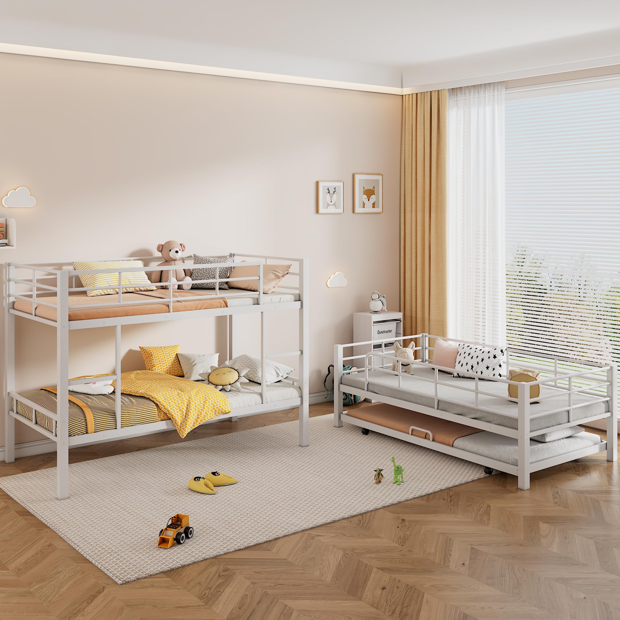 BOVZA White Metal Triple Twin Bunk Bed with Trundle - Twin Over Twin Over Twin 3 Tier Bunk Bed for 4 People, Convertible to 3 Separate Beds, Includes 2 Ladders & Guardrails - Perfect for Kids, Teens, Dorms, Small Bedrooms & Space-Saving Solutions