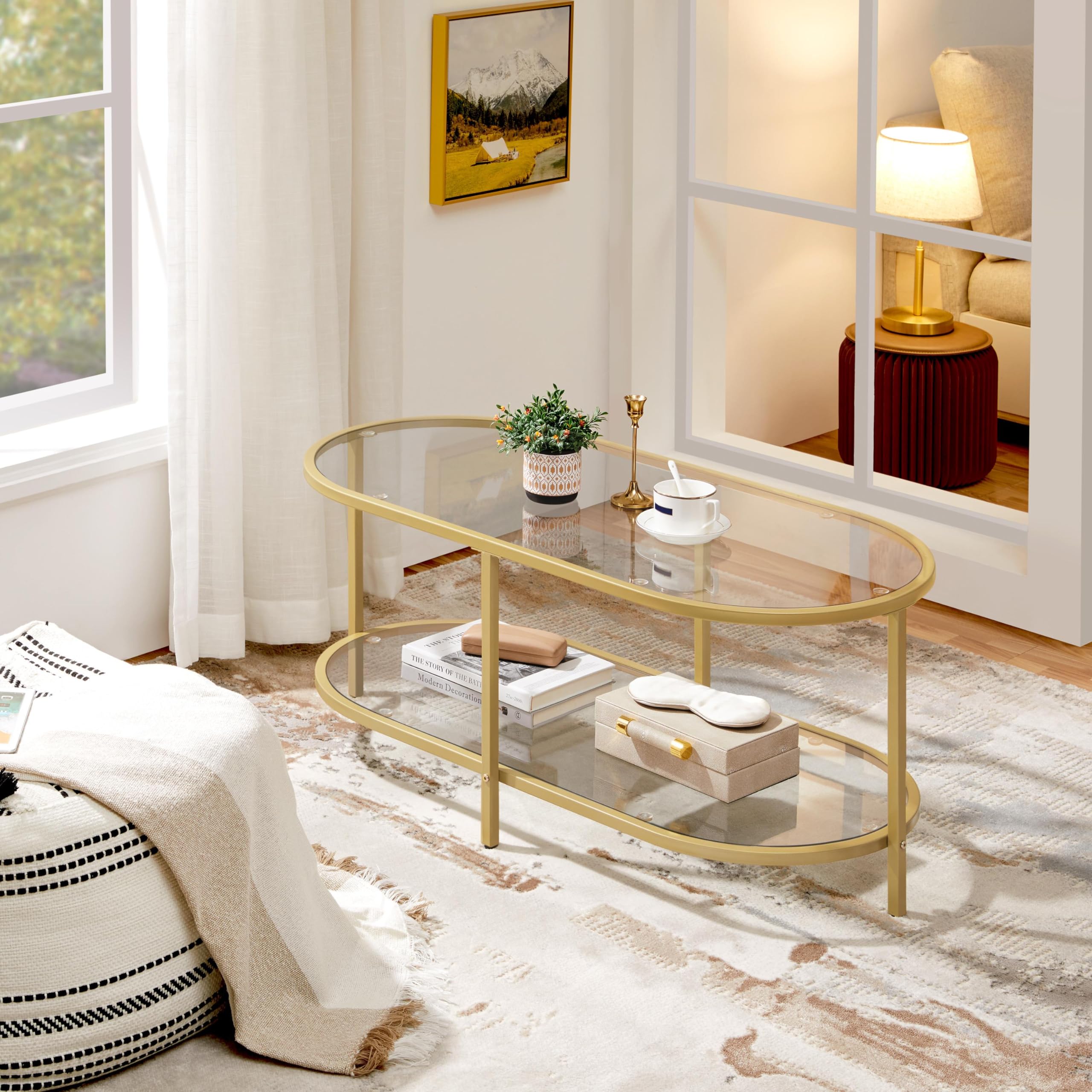 Yaheetech 42 Inch Oval Glass Coffee Table with Storage Shelf - 2-Tier Modern Center Table for Living Room, Office & Small Spaces - Perfect for Home Decor, Entertaining Guests & Compact Apartments