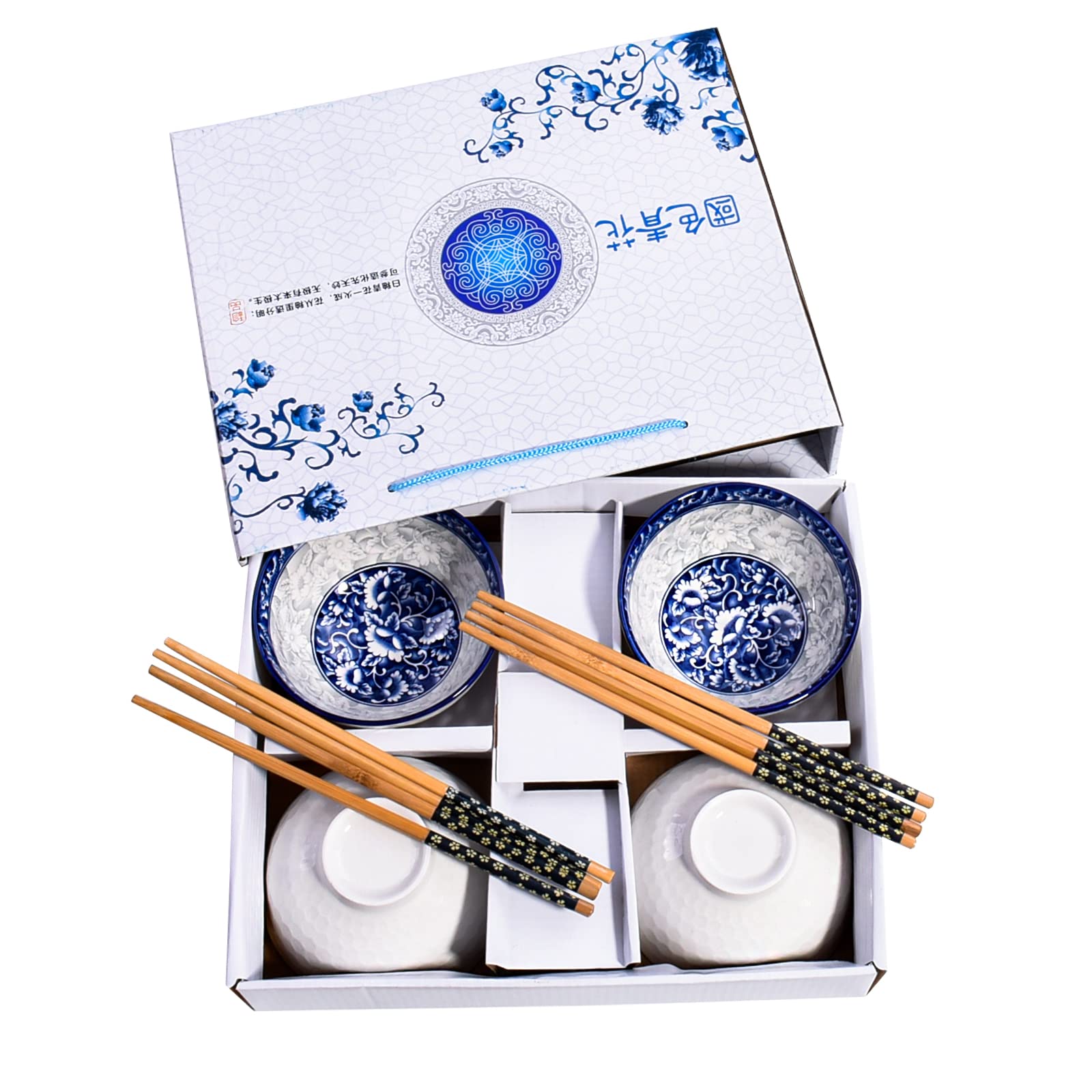Blue and White Porcelain Chinese Bowl and Chopsticks Set of 4 - Rice, Soup, Sushi, Cereal Bowls with Delicate Gift Box | Elegant Tableware for Asian Dining, Home Decor, and Party Serving