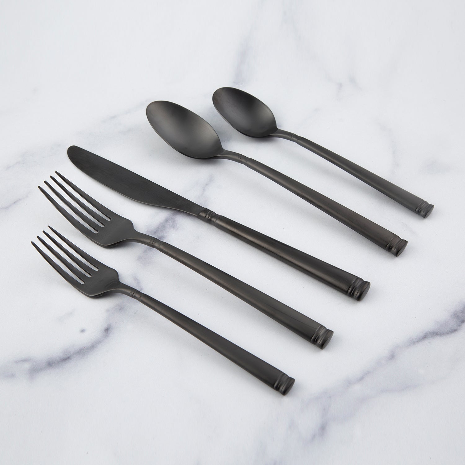 Emmy 20-Piece Black Satin Flatware Set - Stainless Steel Silverware for 4, Elegant Modern Cutlery Set for Dining, Wedding, Parties & Home Entertaining