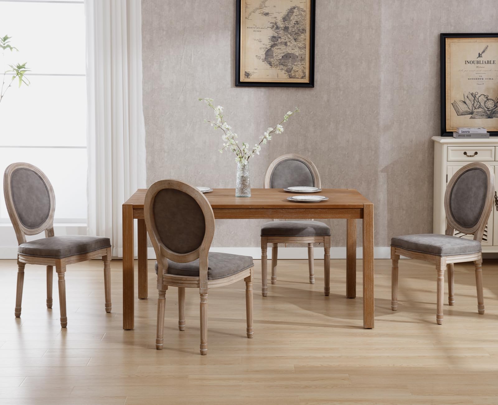 Farmhouse Leather Dining Chairs Set of 4 - French Country Round Back Side Chairs for Kitchen, Restaurant, Dining Room & Living Room - Grey Upholstered Seating (Perfect for Rustic Home Decor & Entertaining Guests)