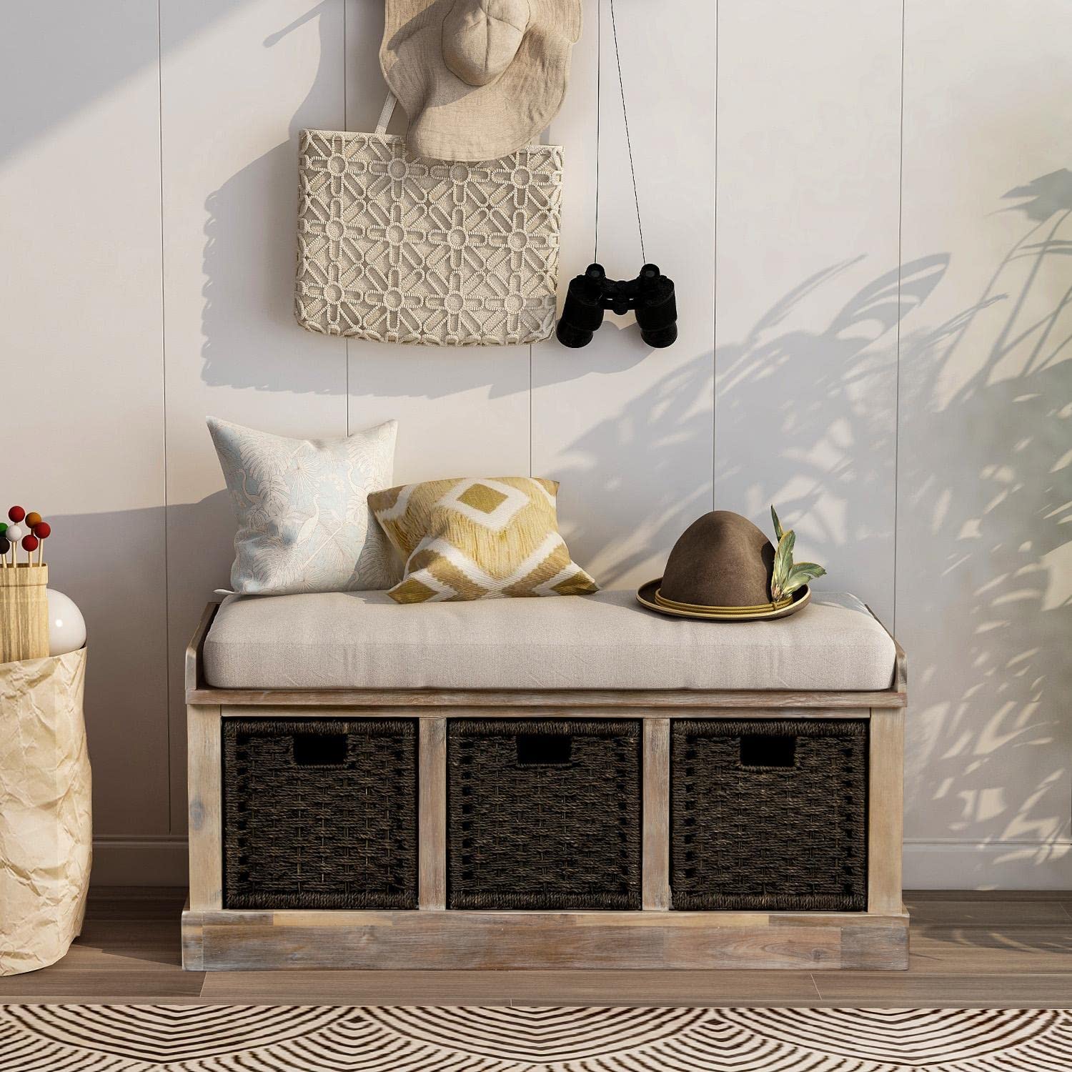 JINS&VICO Wooden Entryway Storage Bench with 3 Rattan Baskets & Removable Cushion - Multifunctional Shoe Organizer, Footrest, Seating Bench for Hallway, Living Room, Bedroom (Natural Wood Color) - Perfect for Small Space Organization & Home Decor