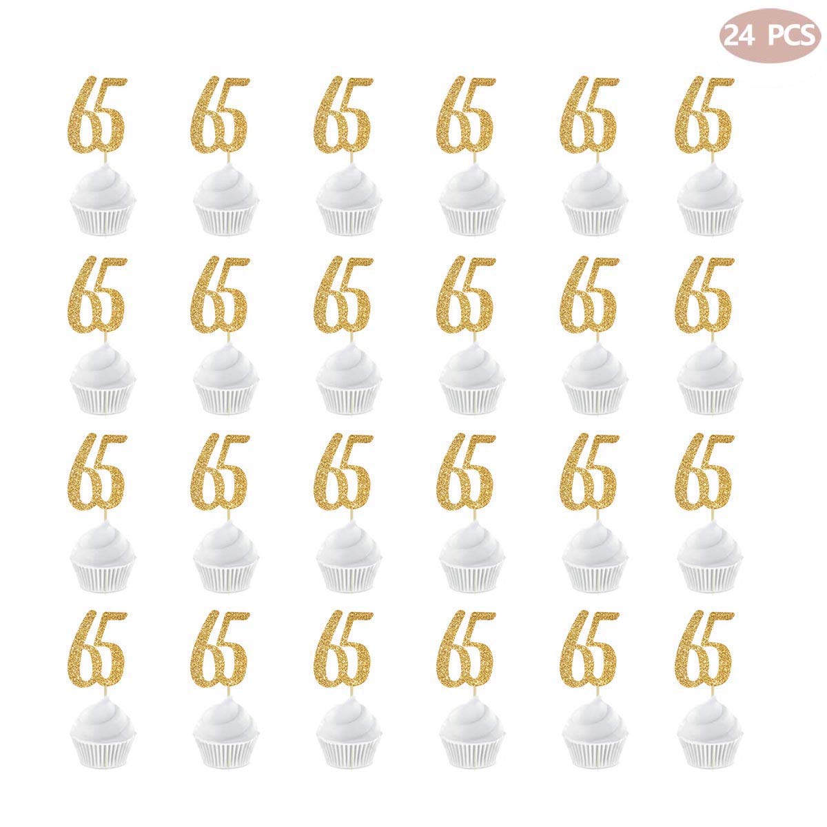 24-Pack Gold Happy 65th Birthday Cupcake Toppers with Glitter Numbers - Elegant 65th Anniversary Party Decorations for Milestone Celebrations & Retirement Parties