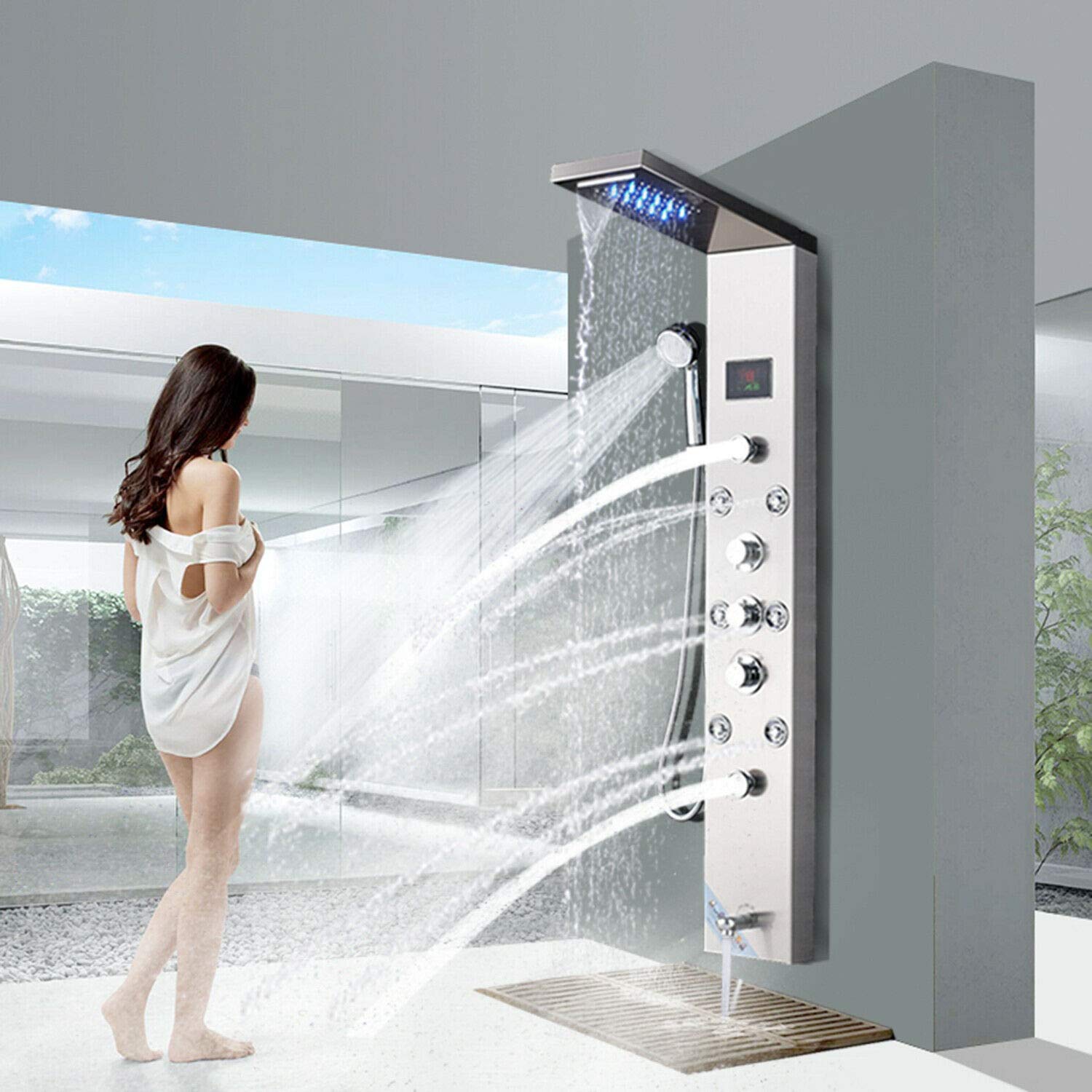 Premium Wall Mounted Bathroom Shower Panel Tower System - 8 Function LED Rainfall Showerhead, Massage Jets, Handheld Shower & Brushed Nickel Finish for Spa-Like Luxury Shower Experience | Perfect for Master Bathroom Renovation & Modern Home Upgrade