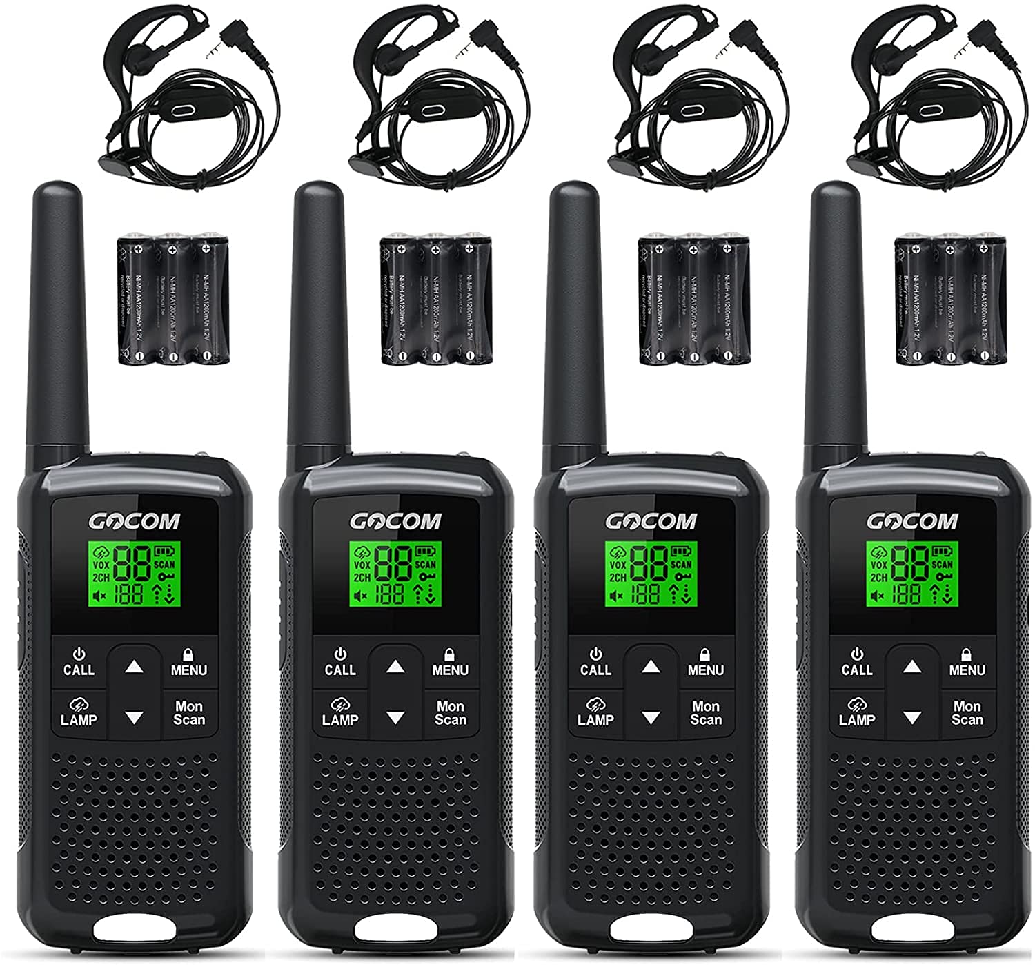 GOCOM G200 Rechargeable Long Range Walkie Talkies for Adults - NOAA Weather Alert, LED Flashlight, VOX Hands-Free Communication (4 Pack) - Perfect for Family Outdoor Activities, Hiking, Camping, Biking and Emergency Preparedness