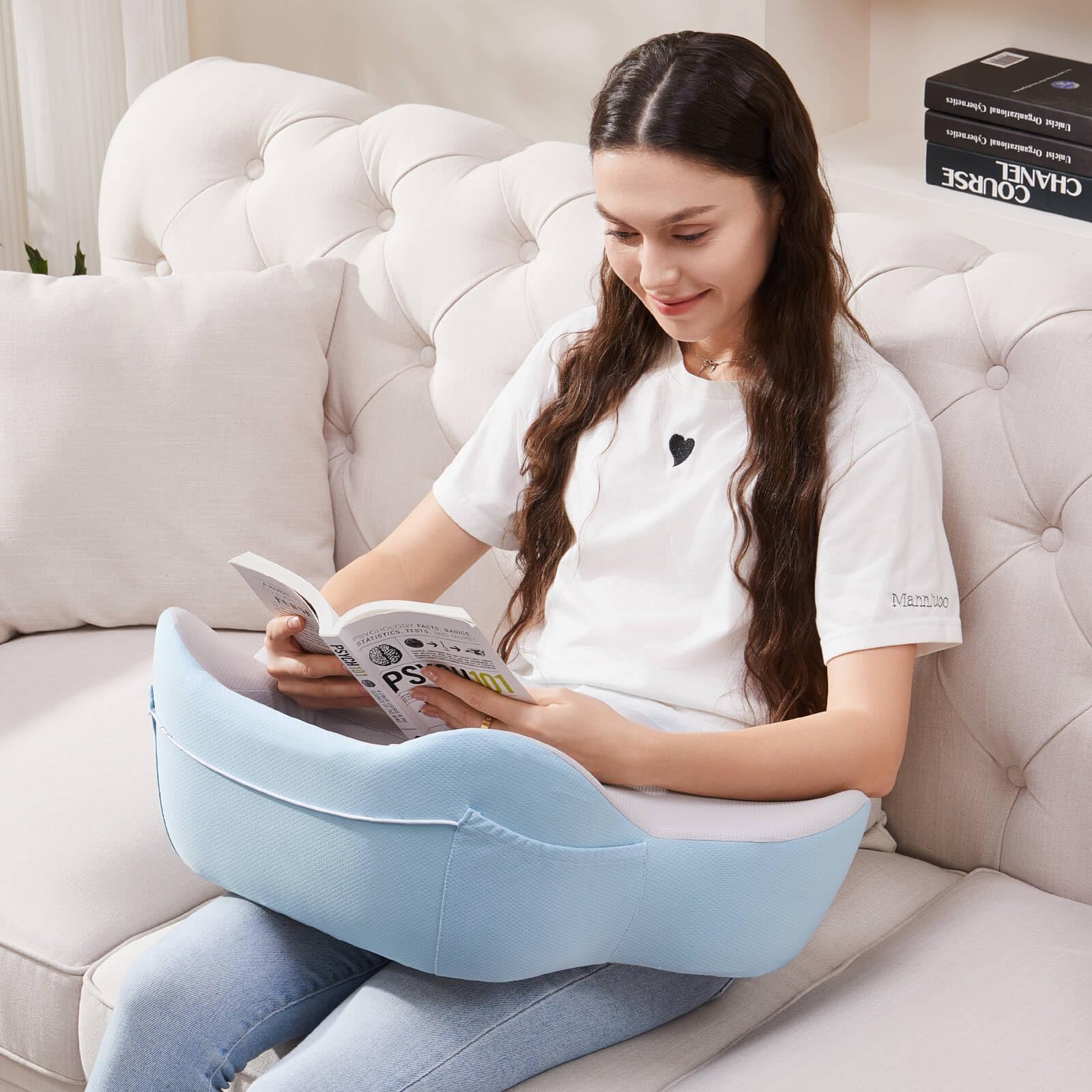 **Memory Foam Reading Pillow with Lap Desk - Adjustable Laptop Stand for Bed, Couch & Floor - Ergonomic Arm Rest Support for Working, Gaming & Studying - Blue-Grey (Home Office & Dorm Essential)**