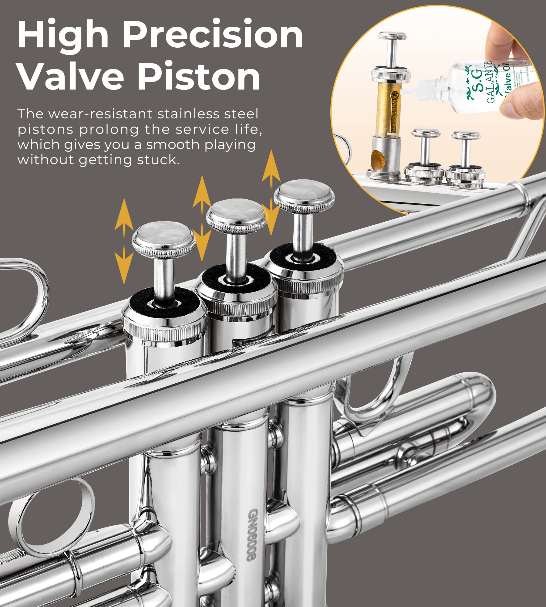 Vangoa Bb Standard Trumpet - Professional Brass Silver Student Trumpet Instrument for School Band & Orchestra | Beginner & Adult Players | Includes Hard Case, Cleaning Kit, Stand, 7C Mouthpiece, Gloves & Valve Oil | Perfect for Music Lessons, Performances & Practice Sessions
