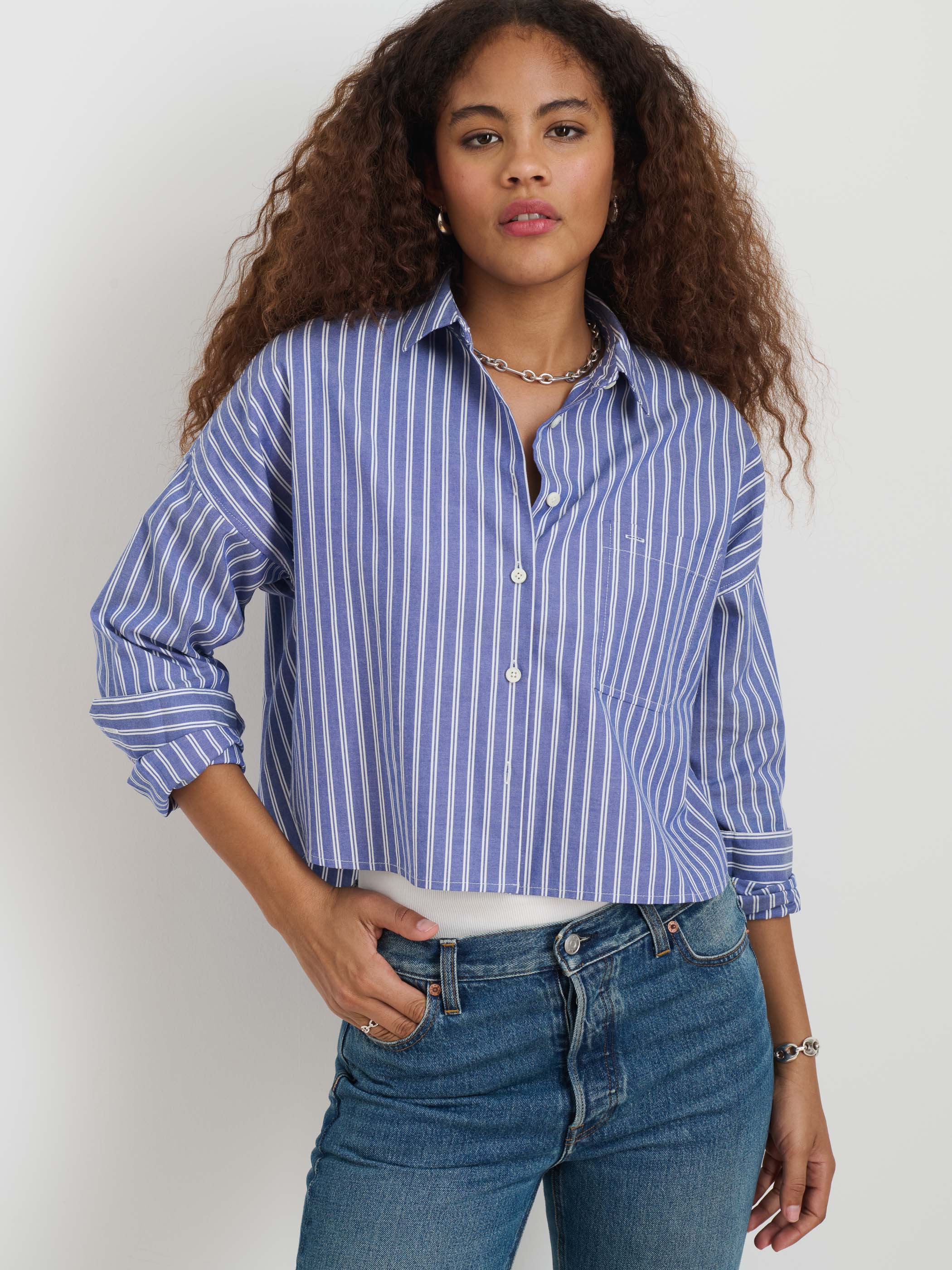 Cropped Striped Oxford Shirt for Women - Casual Summer Top for Outfits, Beach & Travel