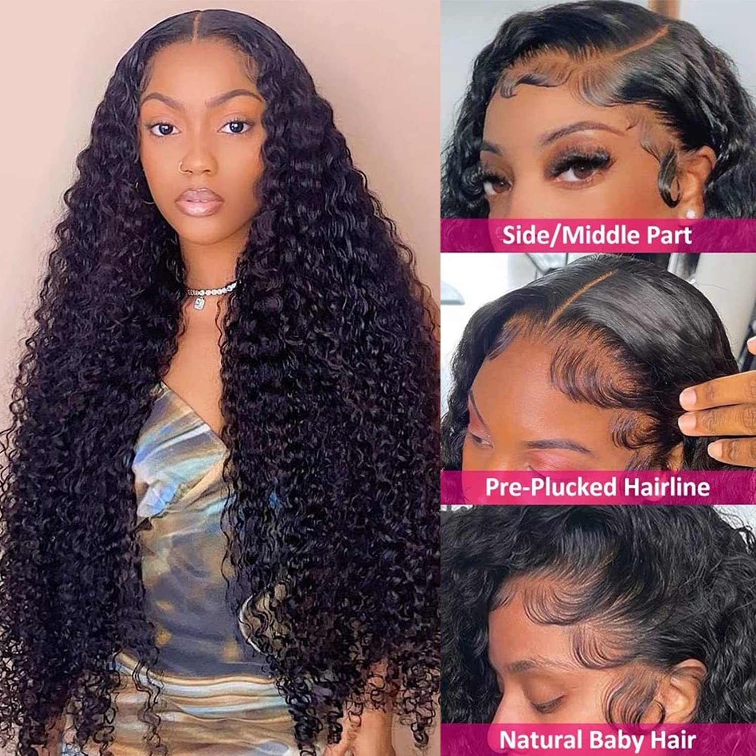 13x4 Deep Wave Lace Front Wig Human Hair | Pre Plucked Brazilian Virgin Hair with Baby Hair | 180% Density Wet & Wavy Transparent Lace Wig | Natural Black Color 24 Inch | Perfect for Daily Wear, Parties & Special Occasions