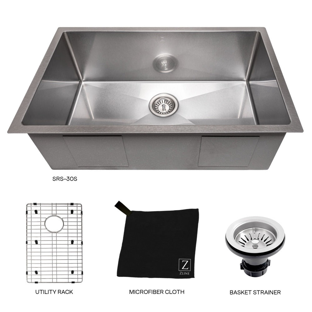 ZLINE 30-Inch Meribel Undermount Single Bowl Kitchen Sink - Satin Stainless Steel with Bottom Grid (SRS 30S) - Perfect for Modern Kitchens, Remodeling & Chef-Inspired Cooking Spaces