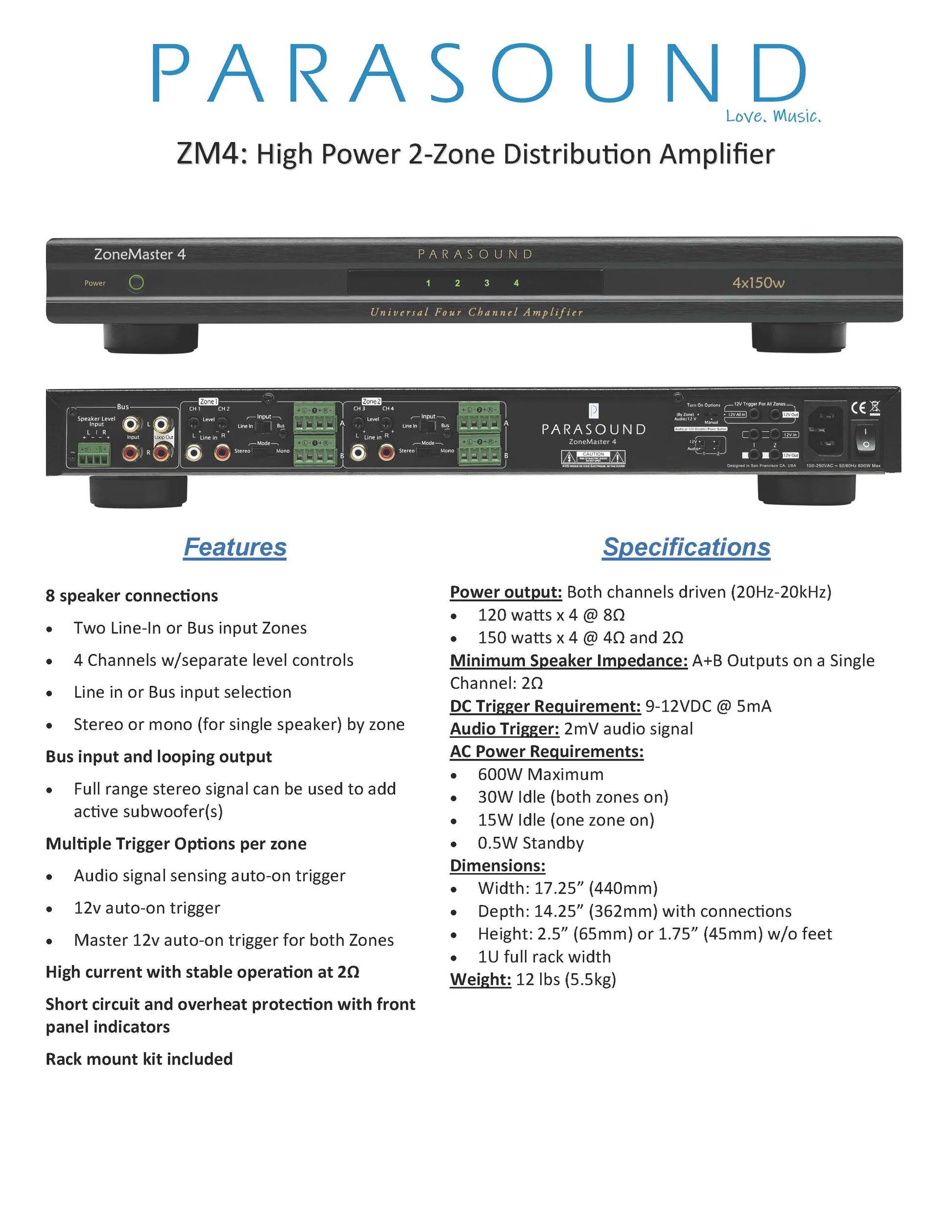 Parasound ZM4 High-Performance Audio Amplifier - Premium Stereo Power Amp for Home Theater & Music Systems | Perfect for Audiophiles & Home Entertainment Enthusiasts