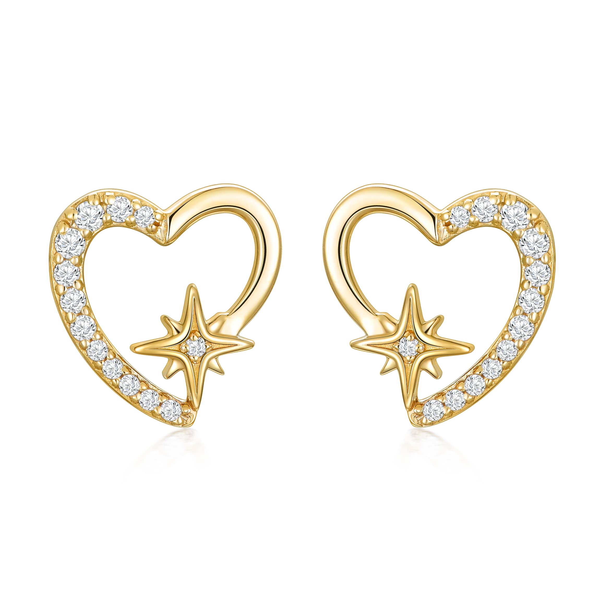 14K Solid Gold Star & Heart Earrings for Women - Cubic Zirconia Stud Earrings - Valentine's Day/Anniversary/Mother's Day Gift - Perfect for Date Night, Wedding & Special Occasions